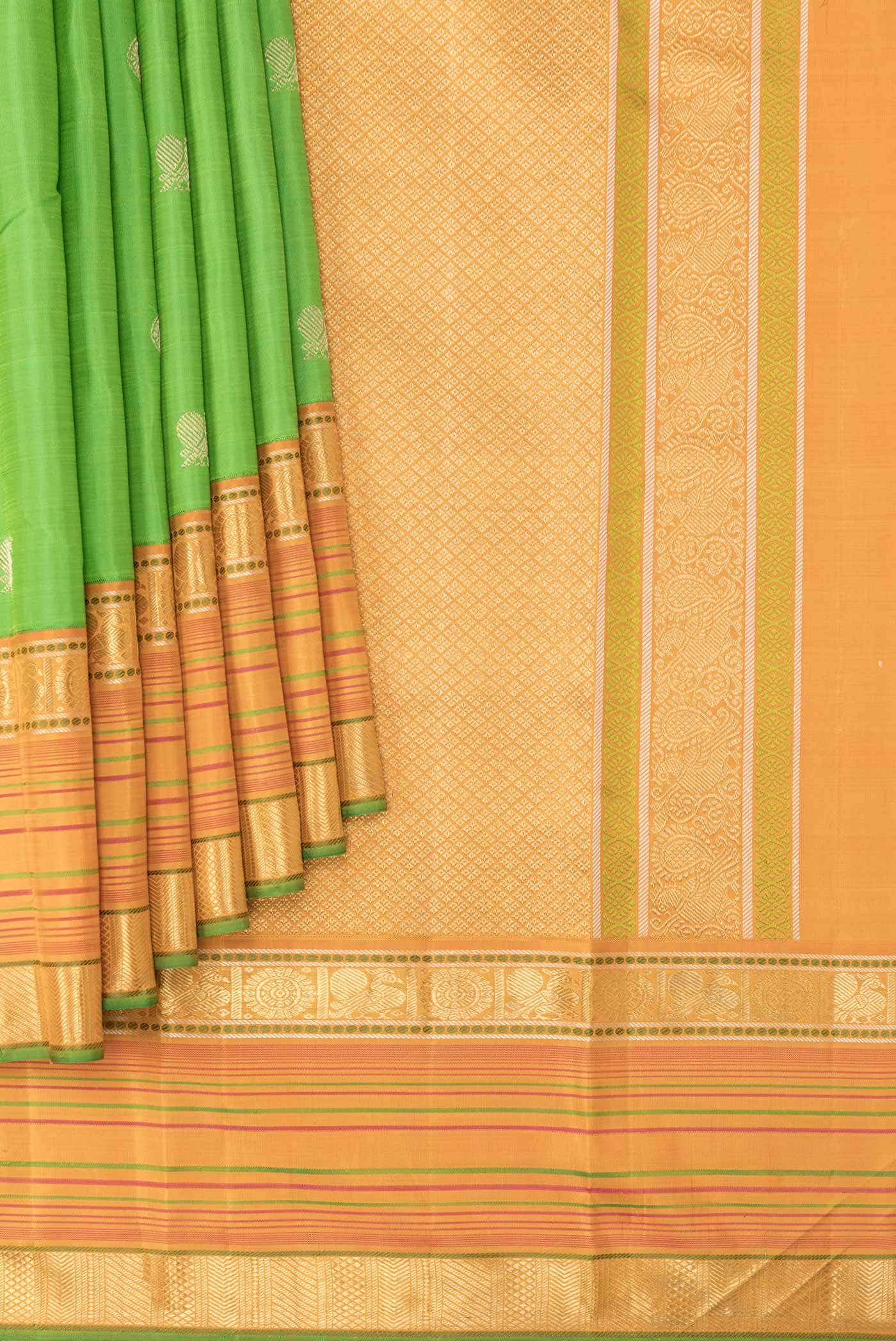 Pure Silk Pure Zari Parrot Green Kanchipuram Saree - Image 2