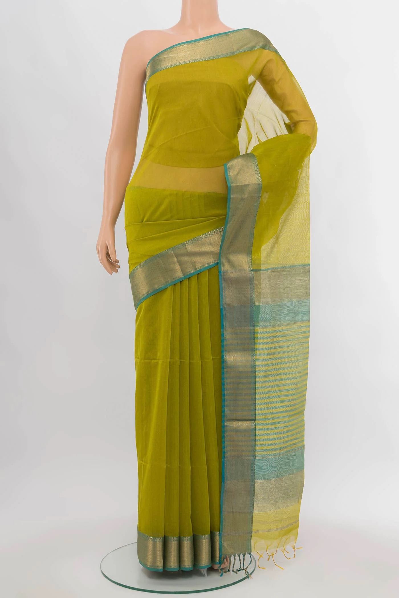Parrot Green Maheshwari Silk Cotton Saree
