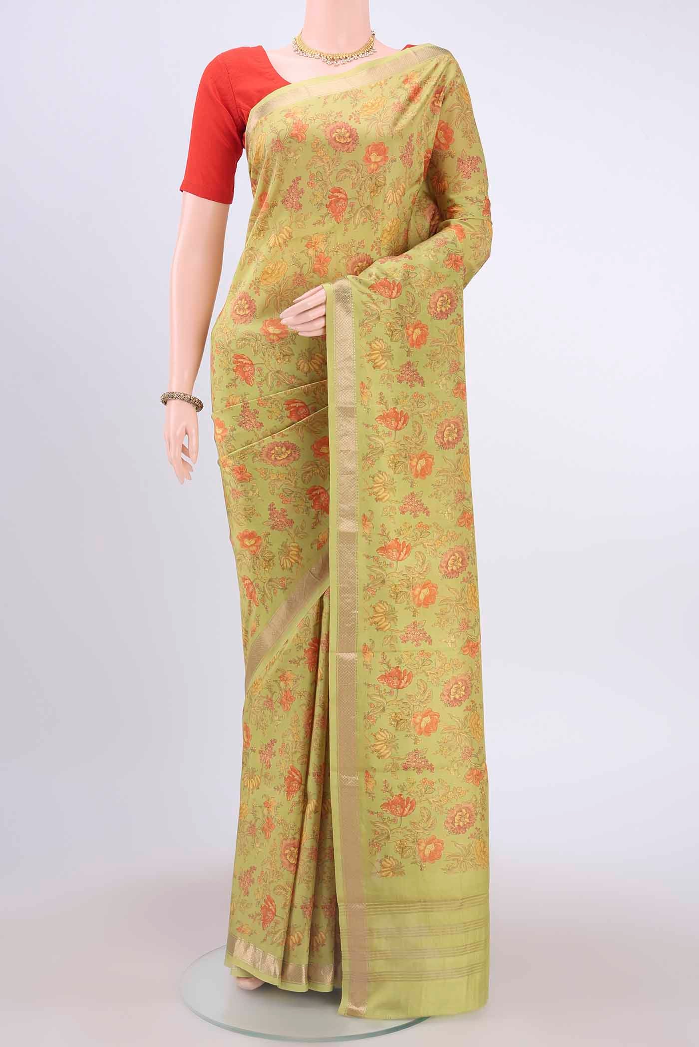 Parrot Green Printed Silk Saree