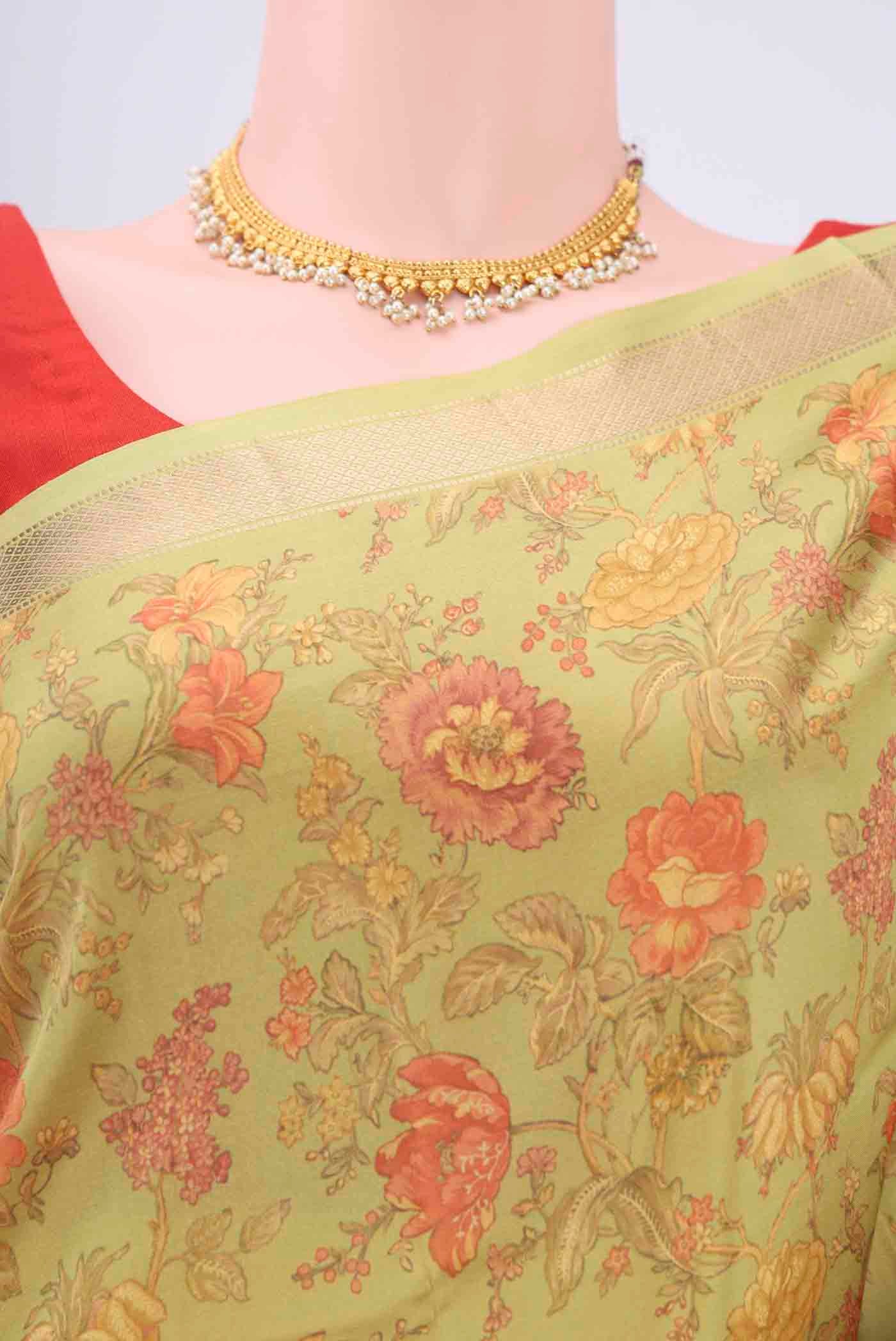 Parrot Green Printed Silk Saree - Image 2