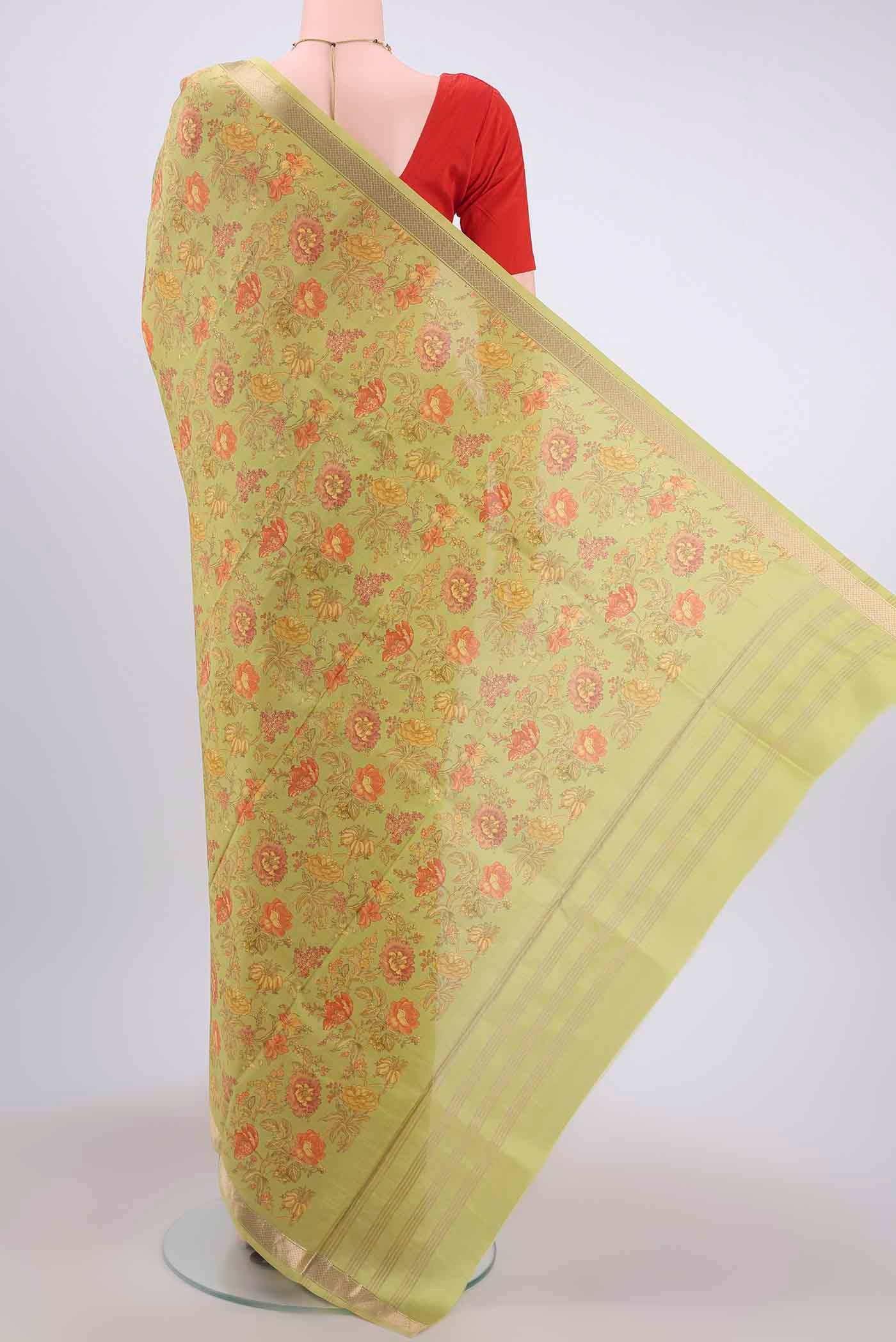 Parrot Green Printed Silk Saree - Image 3