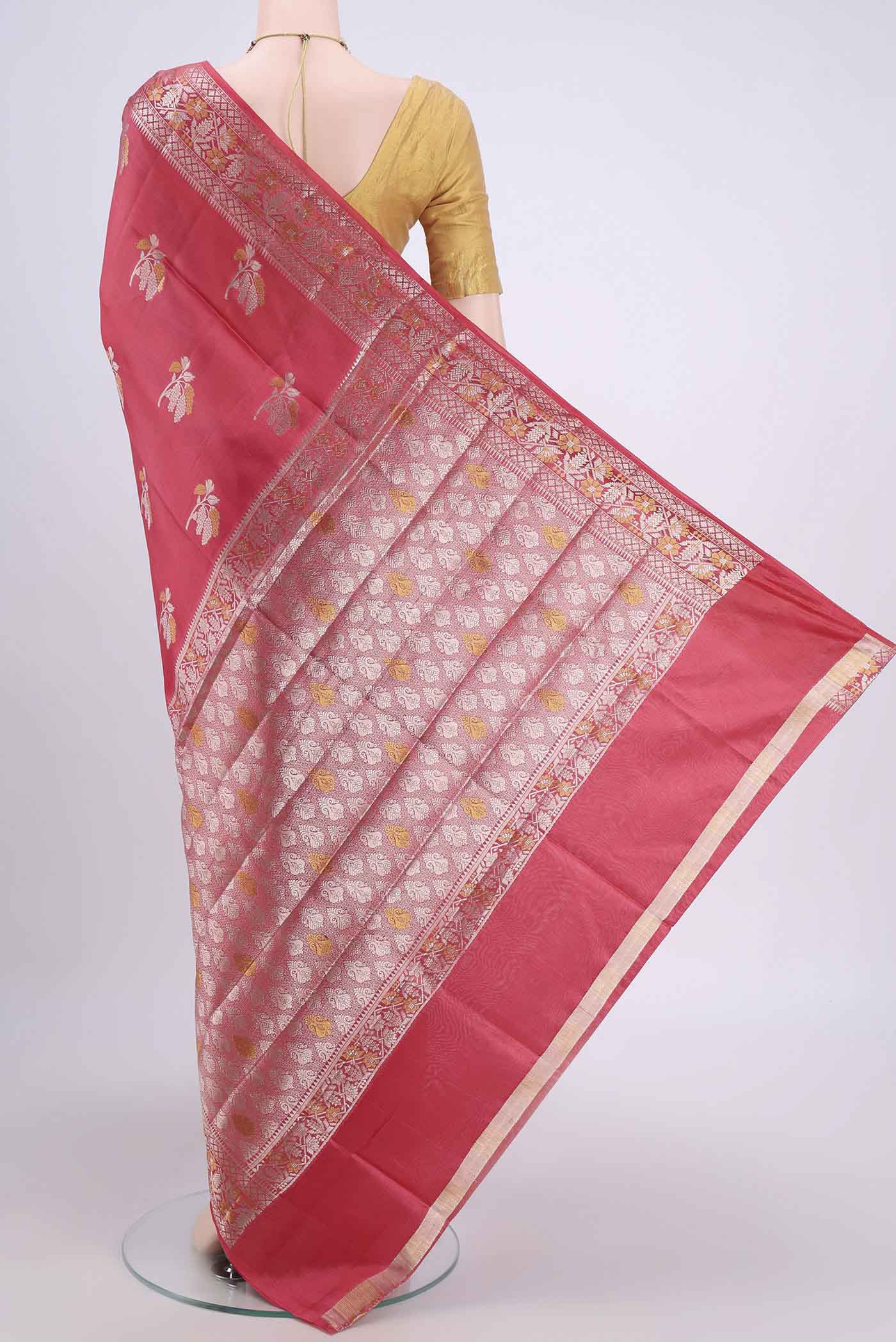 Coral Banarasi Raw Silk Saree - Image 3