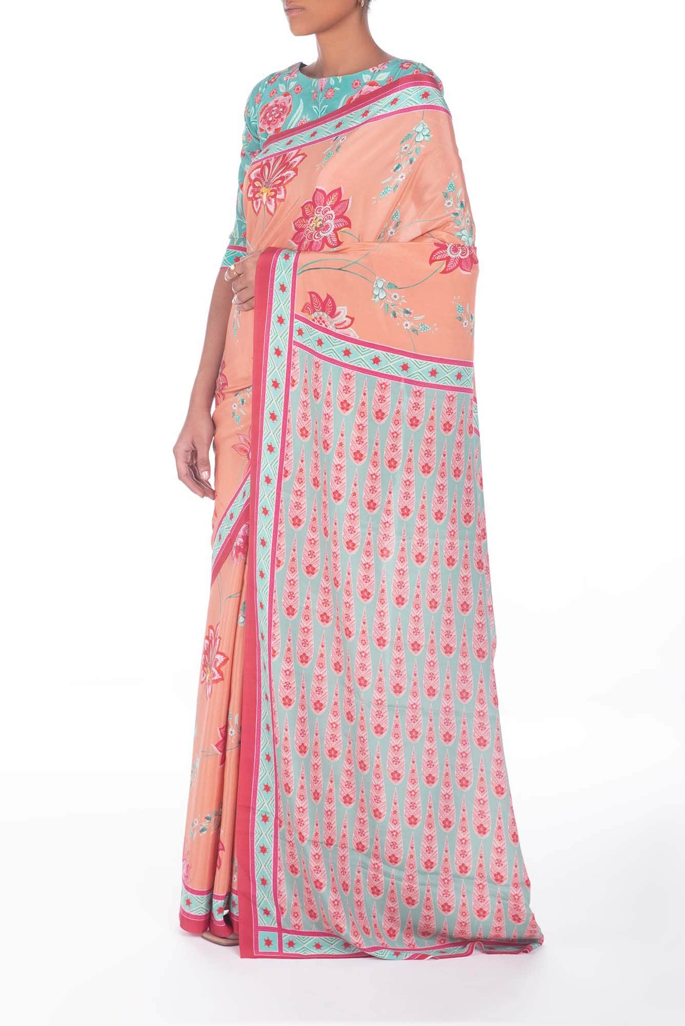 Lata Peach floral design saree from Chintz Collection, Designed by Nalli - Image 3
