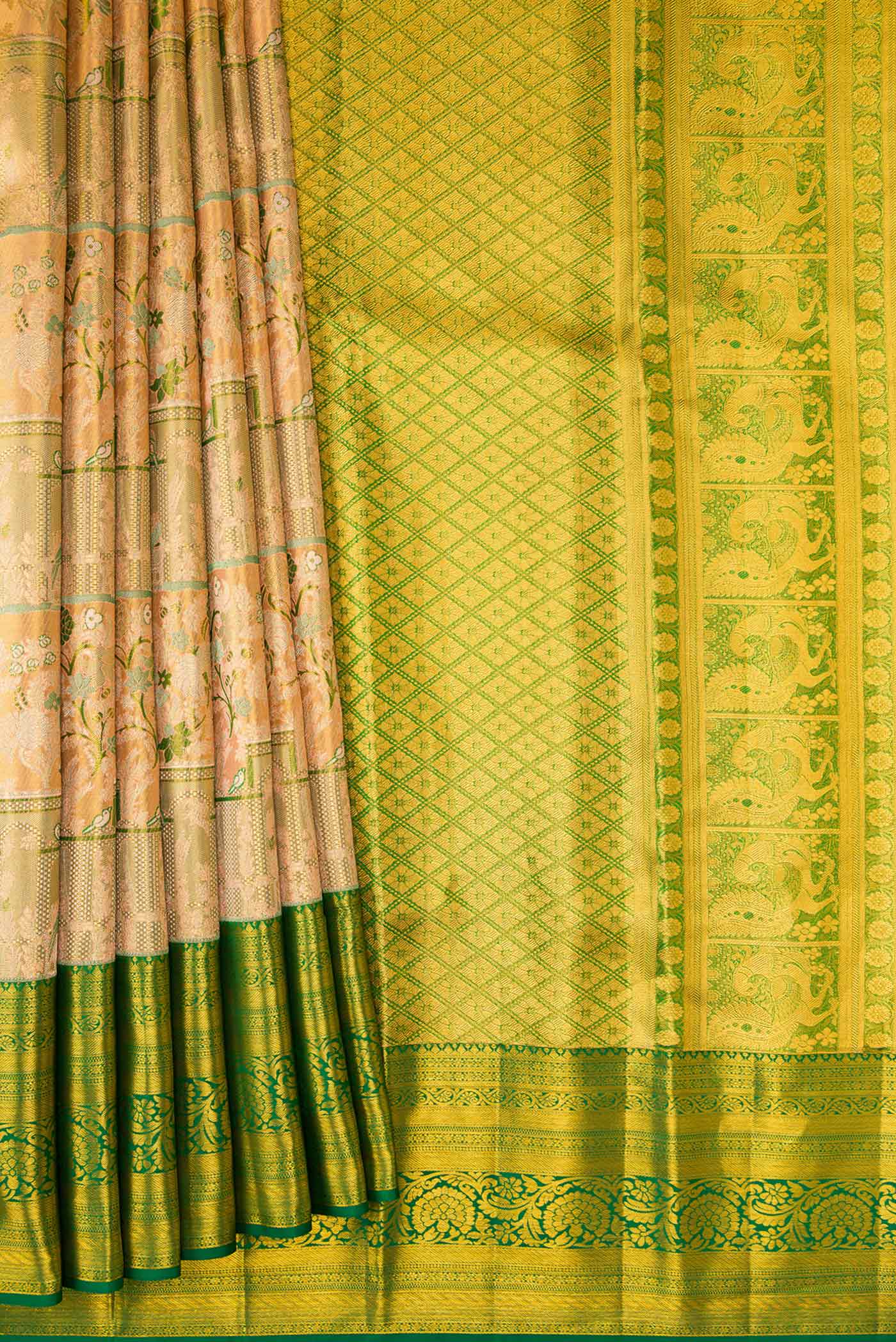 Peach ,Green and Green Color Kanchipuram Tissue Silk Saree - Image 4