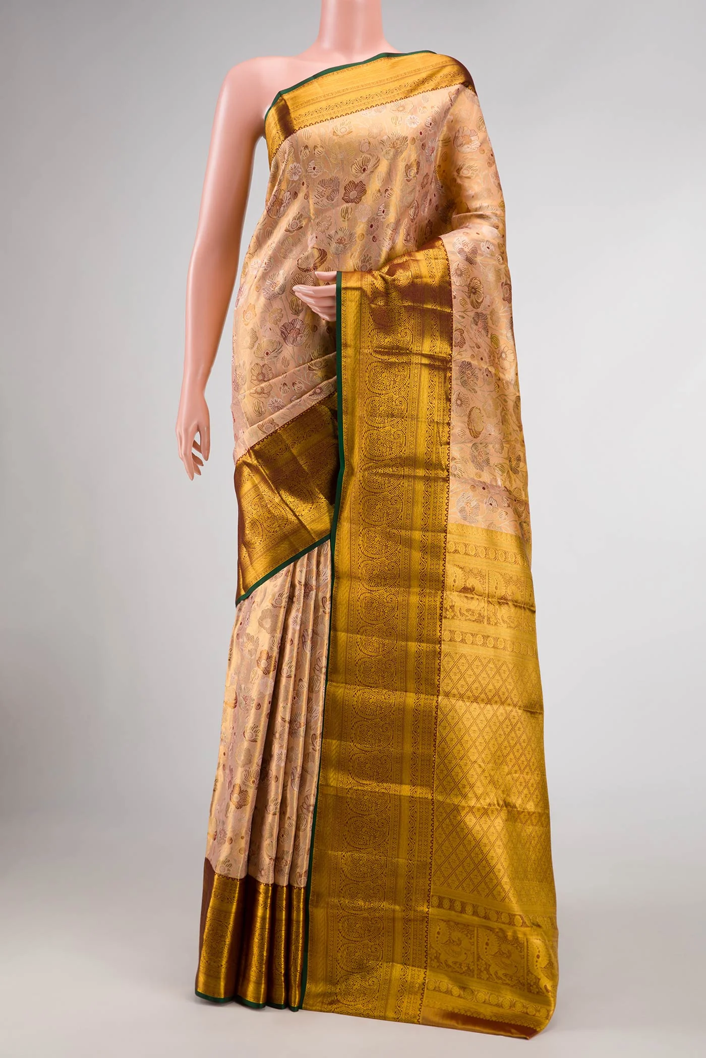 Sandel with Gold Color Kanchipuram Tissue Silk Saree