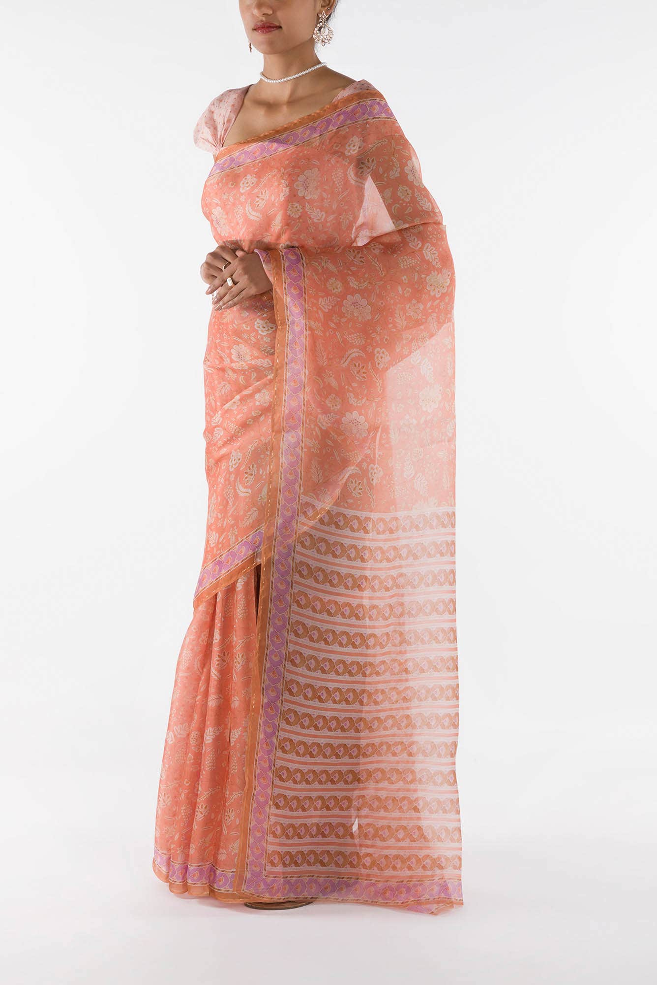 Guldasta - Peach Floral design saree from Chintz Collection, Designed by Nalli - Image 5