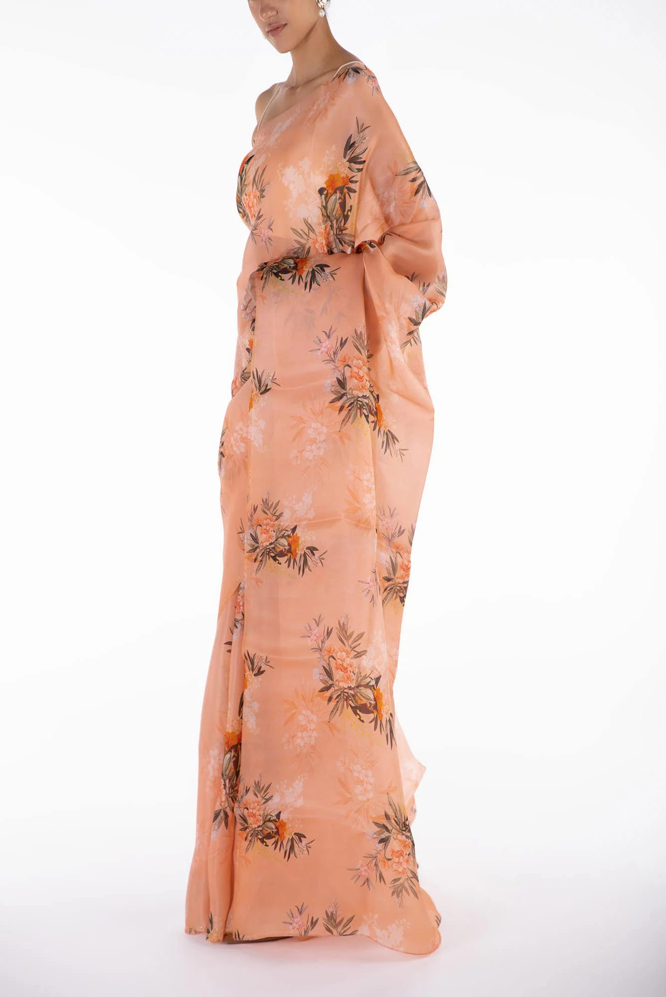 Enigmatic bulbuls Peach Satin Organza Saree - Image 4