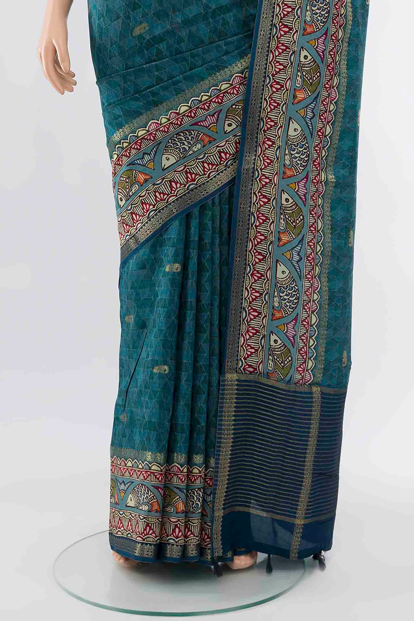 Peacock Blue Art Silk Saree - Image 3