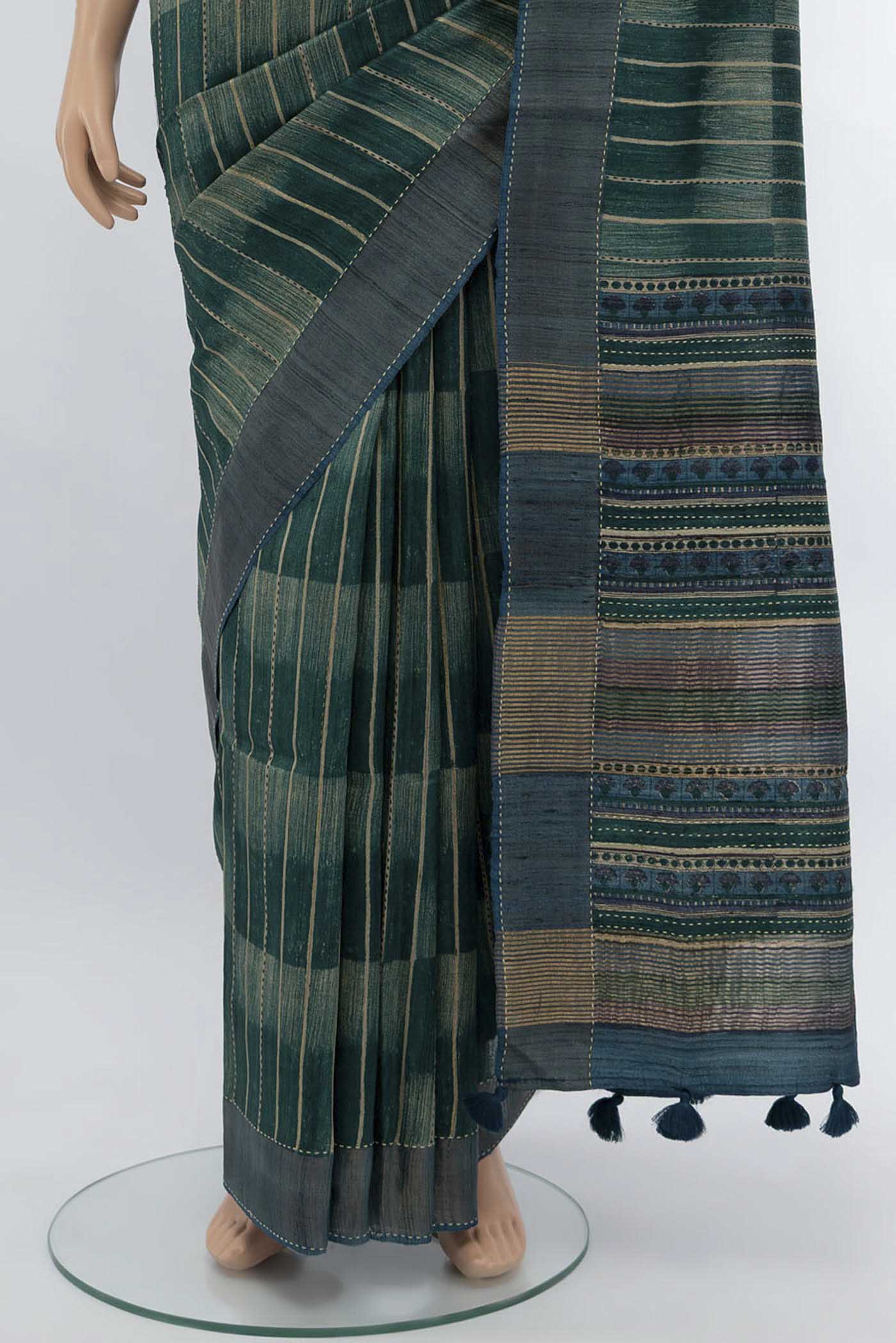 Peacock Blue Blended Tussar Saree - Image 3