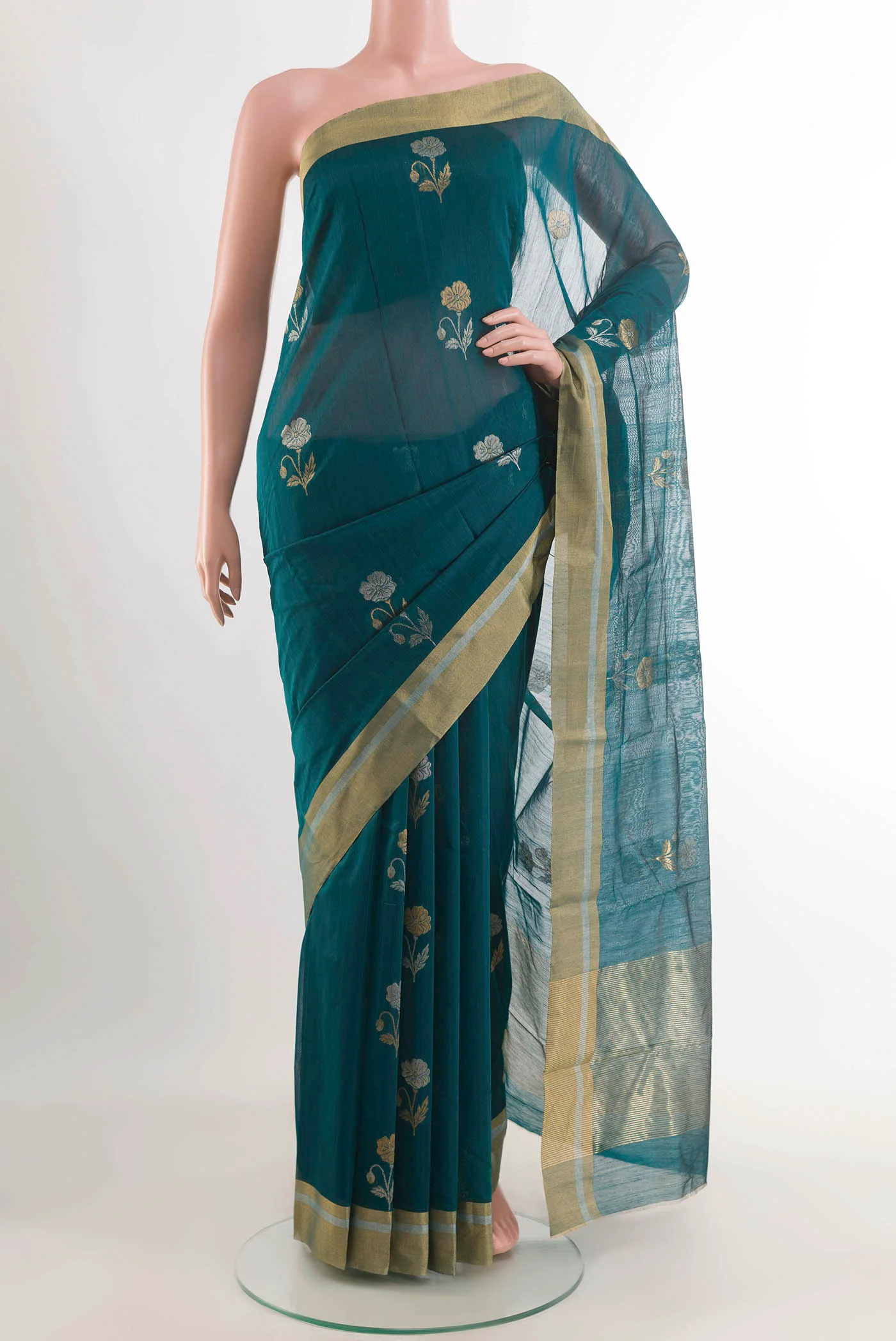 Peacock Blue Chanderi Silk Cotton Saree