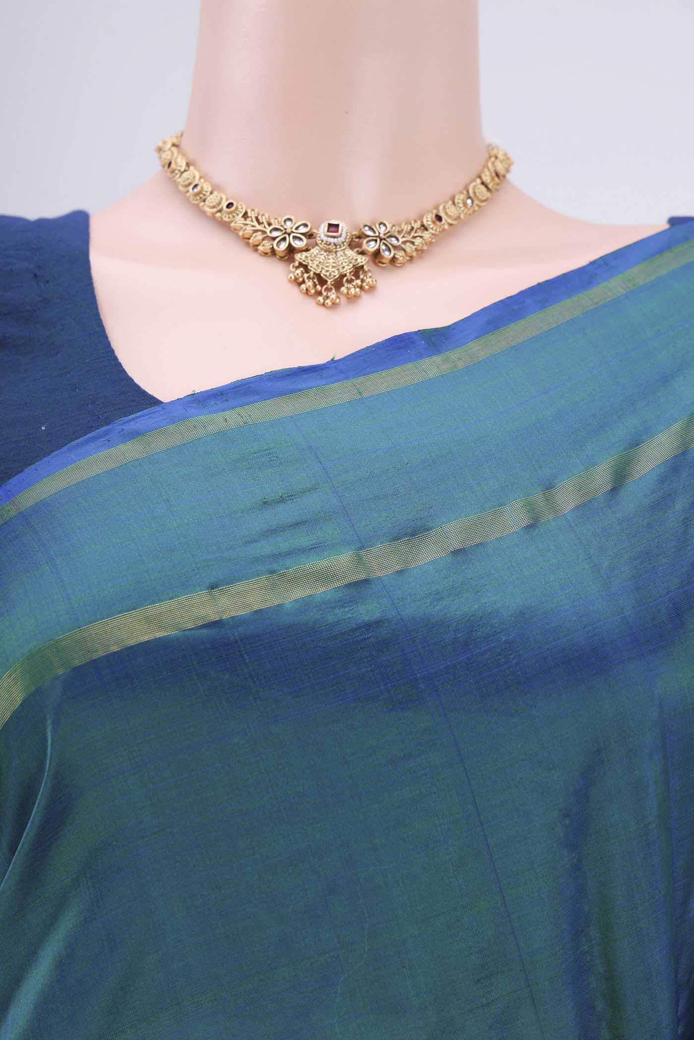 Peacock Blue Dual Tone Kanchipuram Silk Saree - Image 2