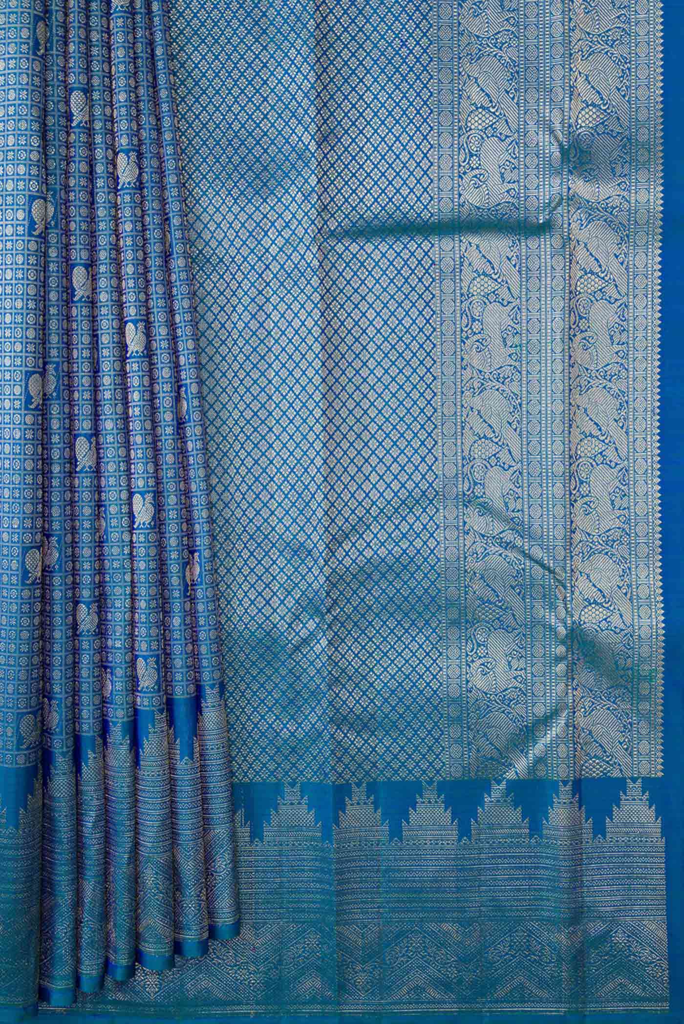 Peacock Blue Dual Tone Kanchipuram Silk Saree - Image 4