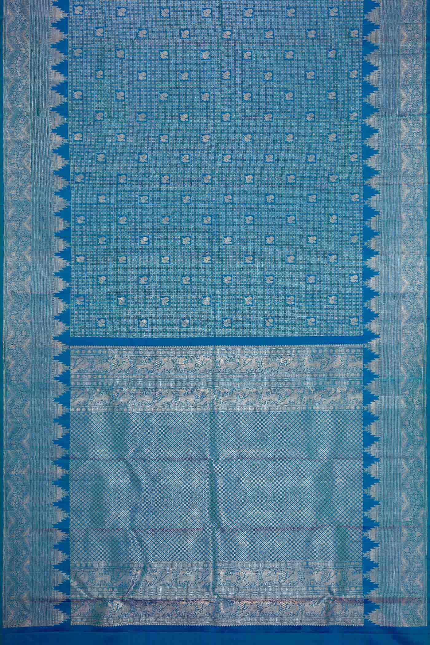 Peacock Blue Dual Tone Kanchipuram Silk Saree - Image 6