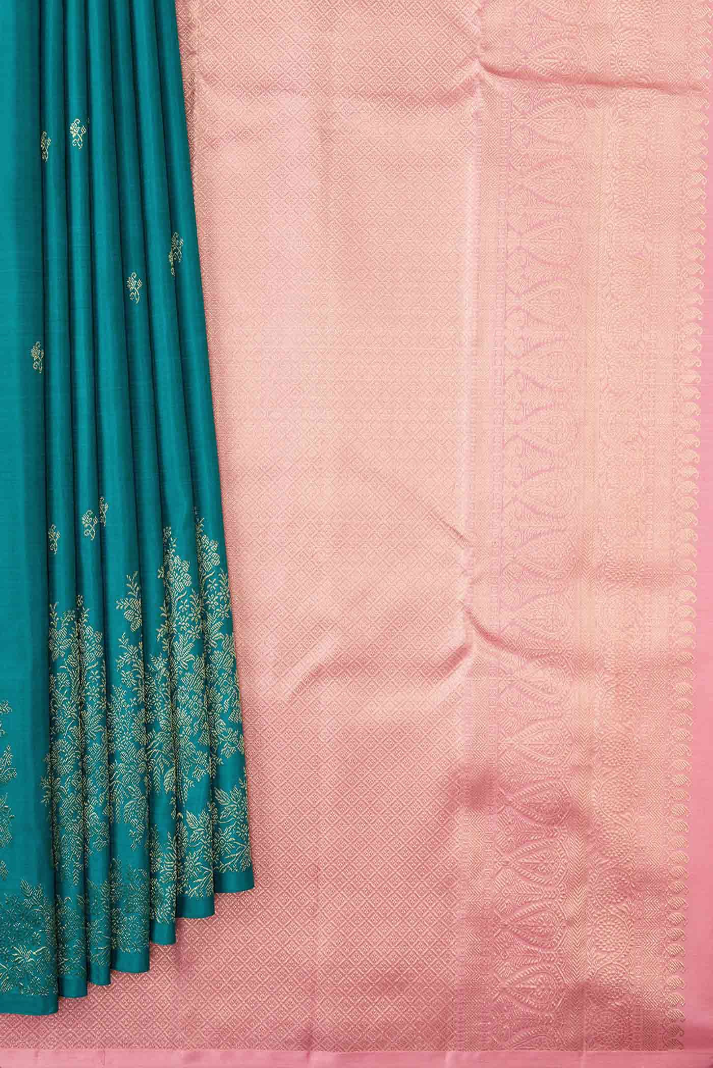Peacock Blue Dual Tone Kanjivaram Silk Saree - Image 4