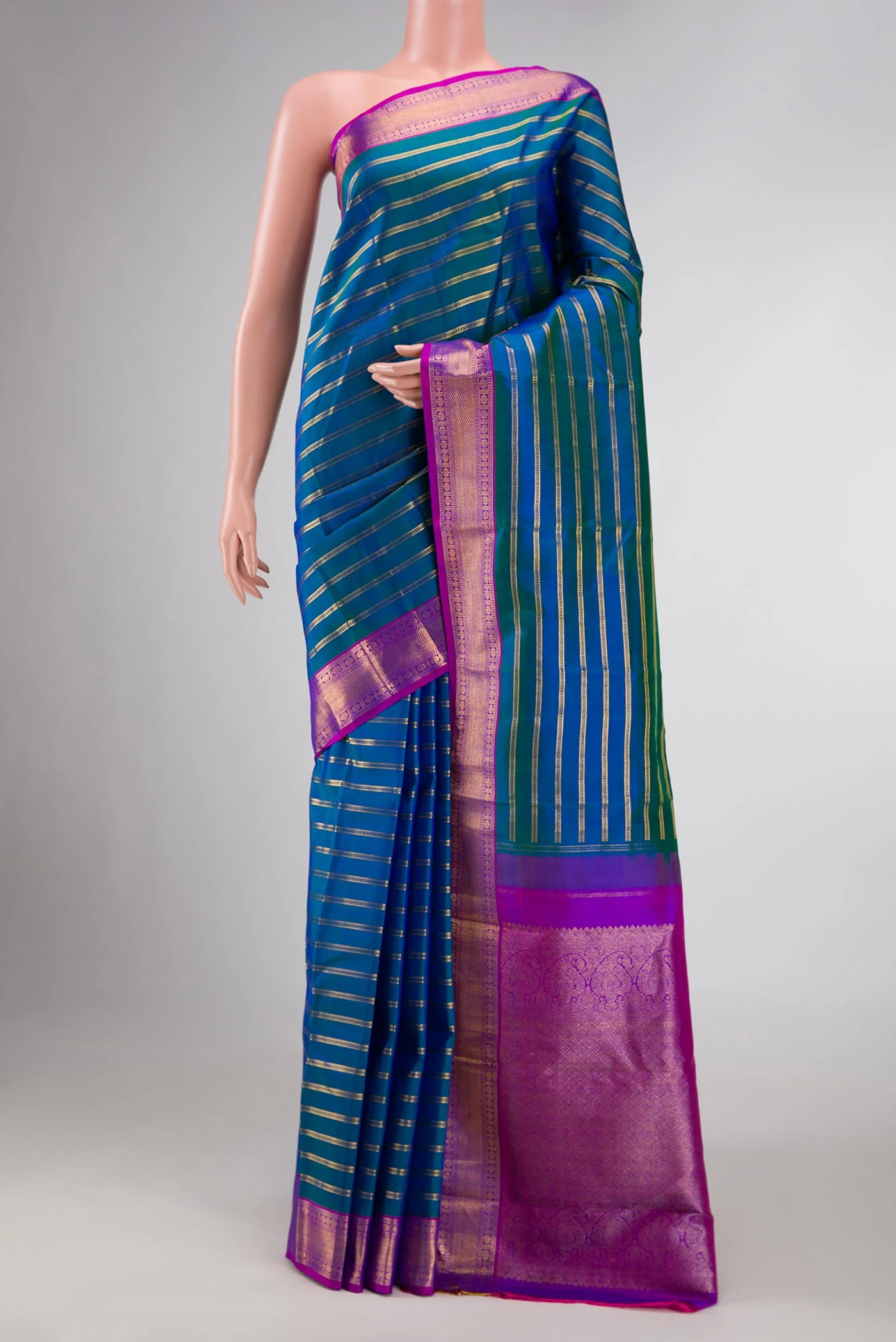 Peacock Blue Dual Tone Kanjivaram Silk Saree