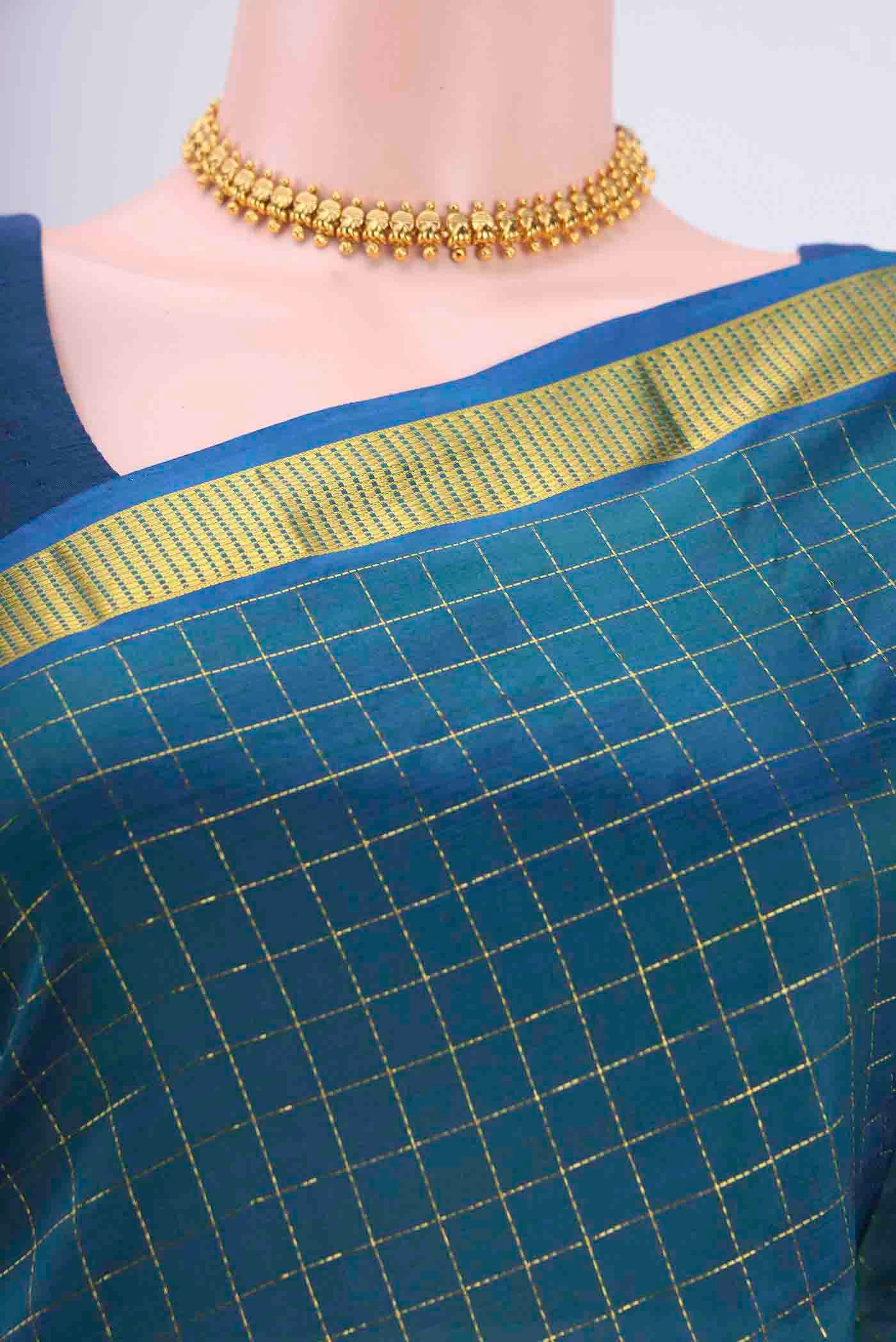 Peacock Blue Dual Tone Kanchipuram Silk Saree - Image 2