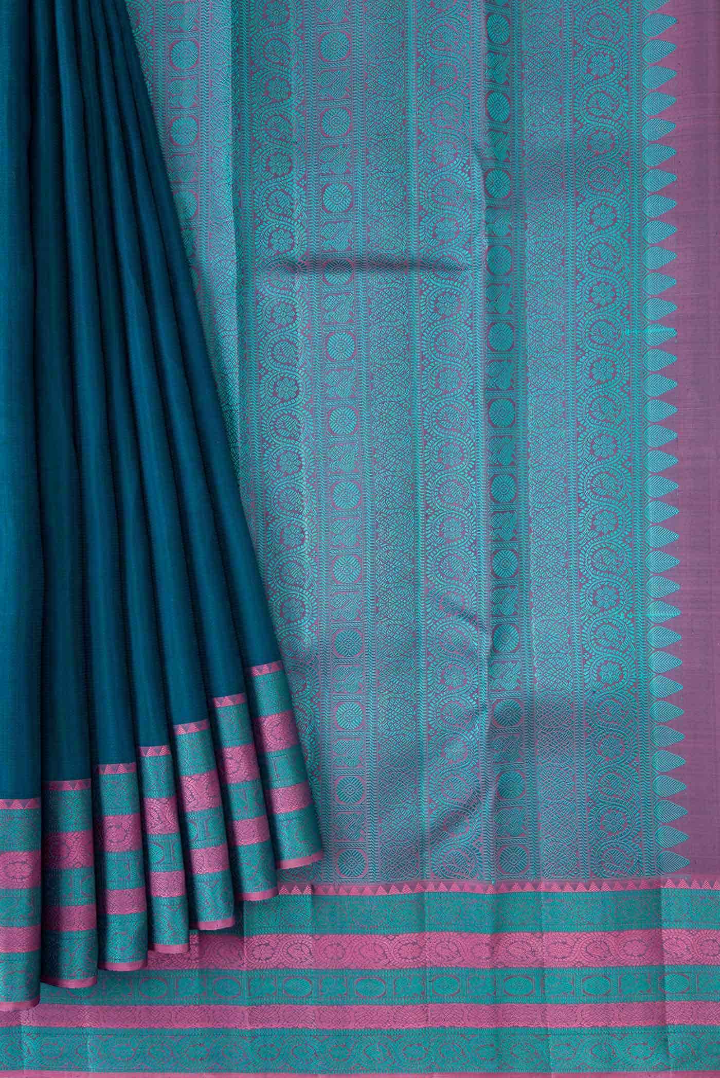 Peacock Blue Dual Tone Kanchipuram Silk Saree - Image 8