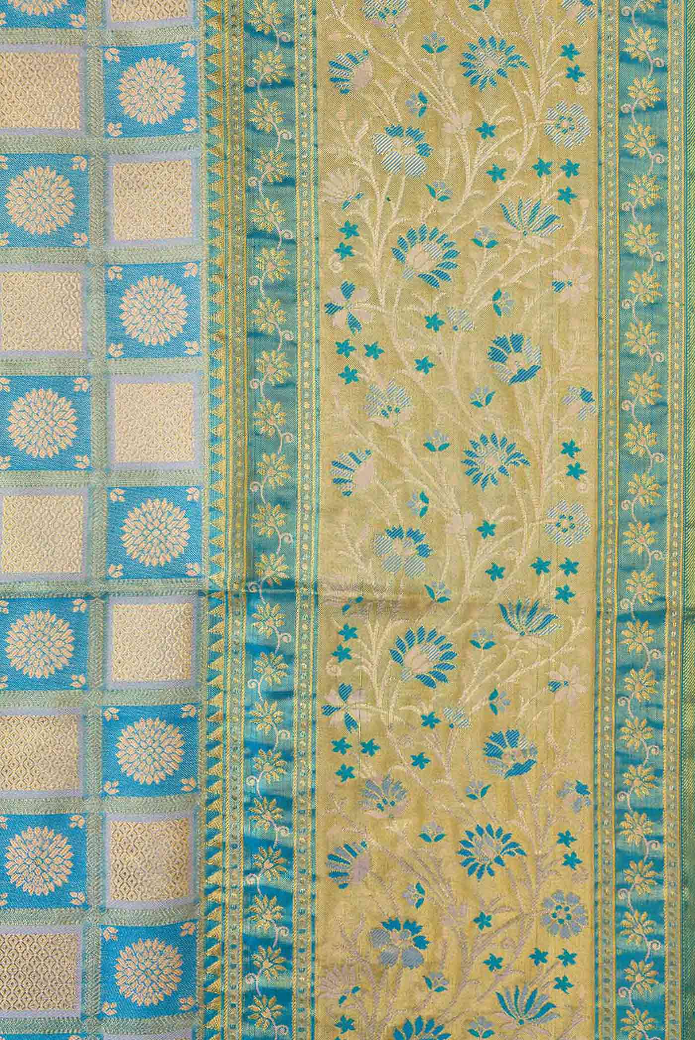 Peacock Blue Dual Tone Kanchipuram Tissue Silk Saree - Image 3
