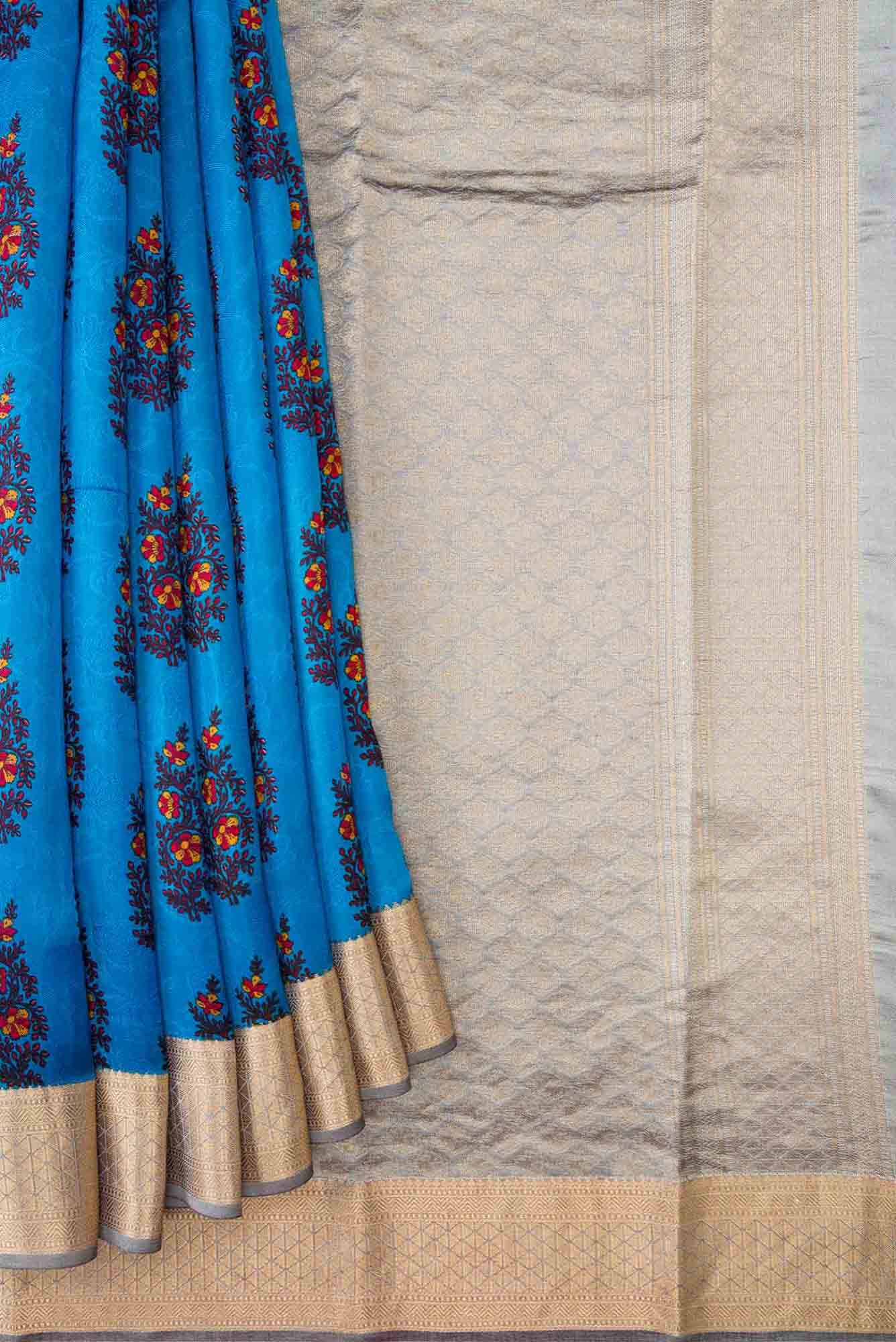 Peacock Blue Dual Tone Printed Silk Saree - Image 2