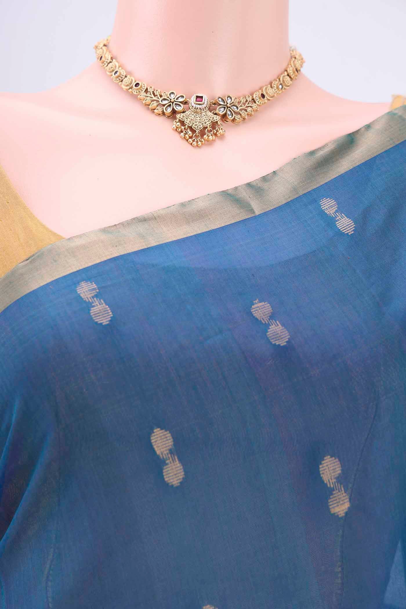 Peacock Blue Kora Cotton Saree - Image 2