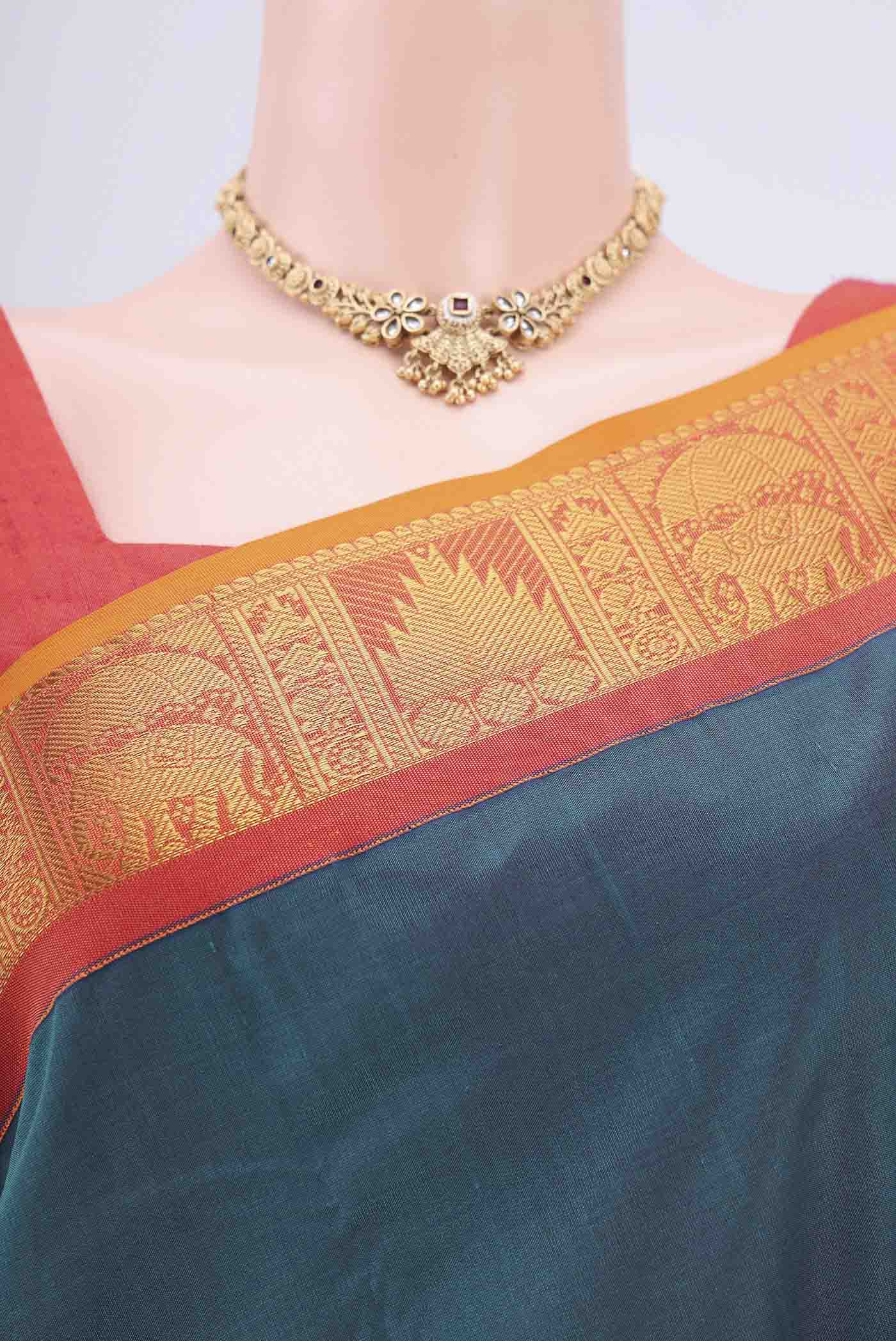 Peacock Blue Silk Cotton Saree - Image 2