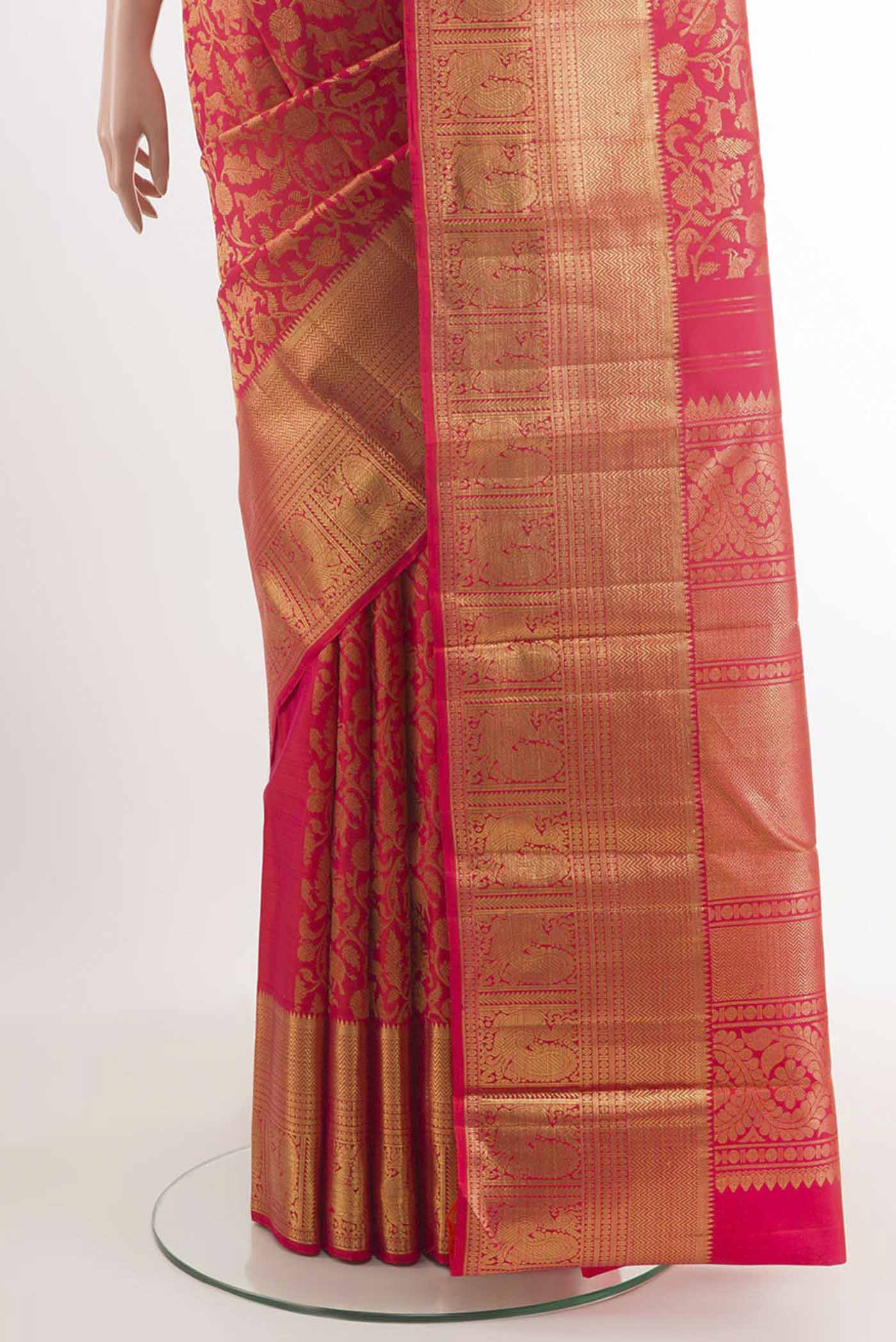 Pink with Orange Color Kanchipuram Silk Saree - Image 3
