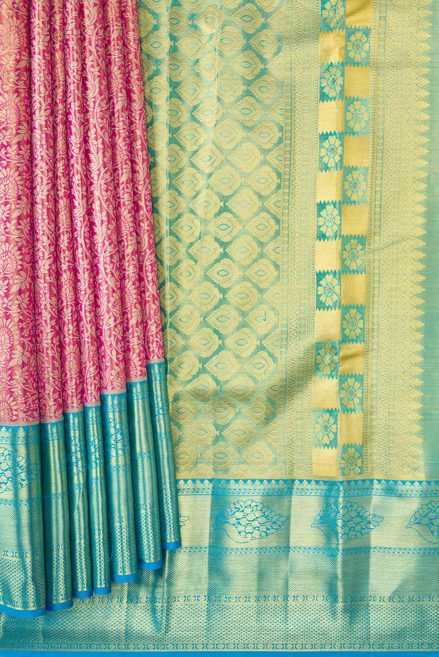 Pink Dual Tone Kanchipuram Tissue Silk Saree - Image 4