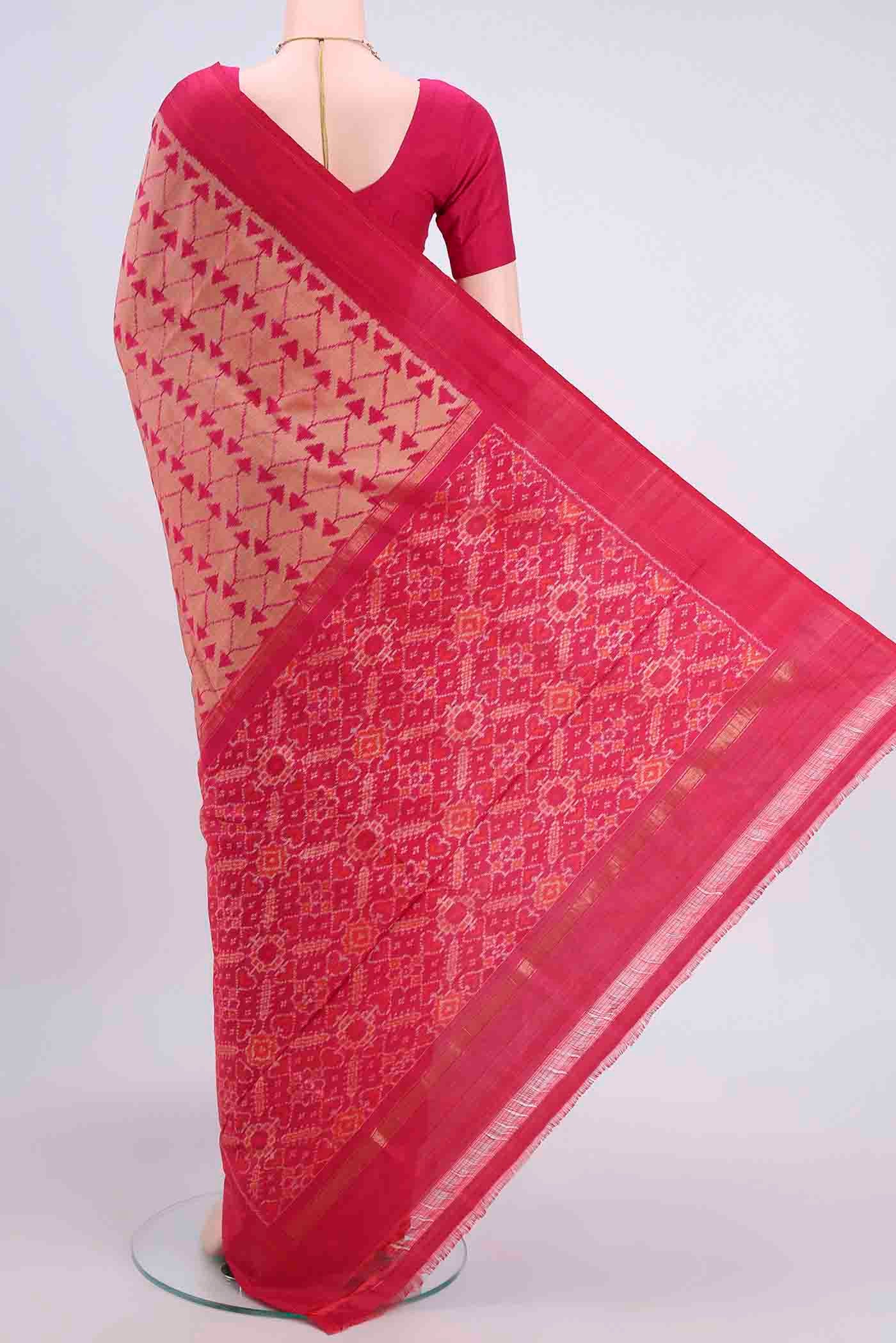 Pinkish Yellow Dual Tone Pochampally Saree - Image 3