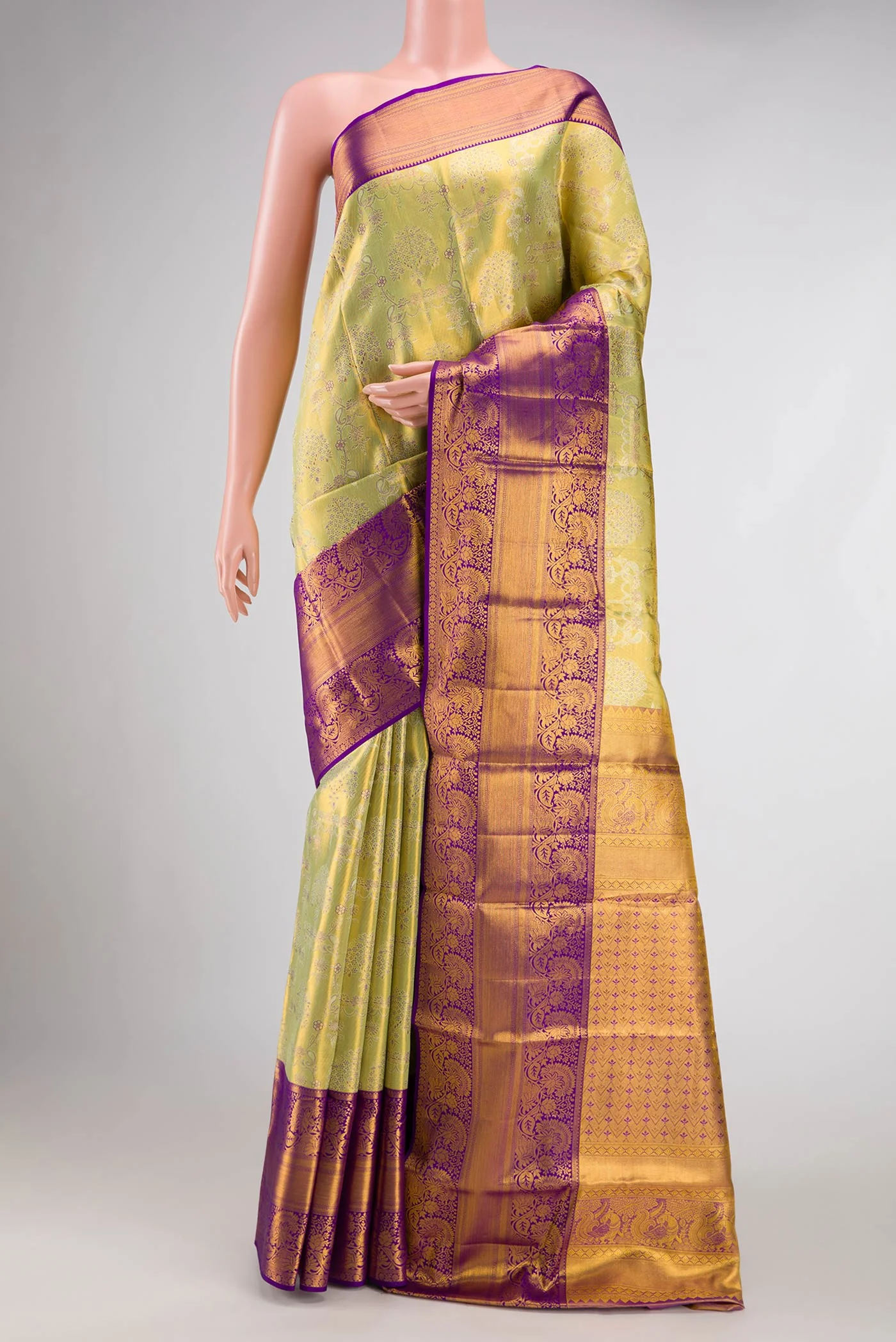 Gold with Lemon Yellow Color Kanchipuram Tissue Silk Saree