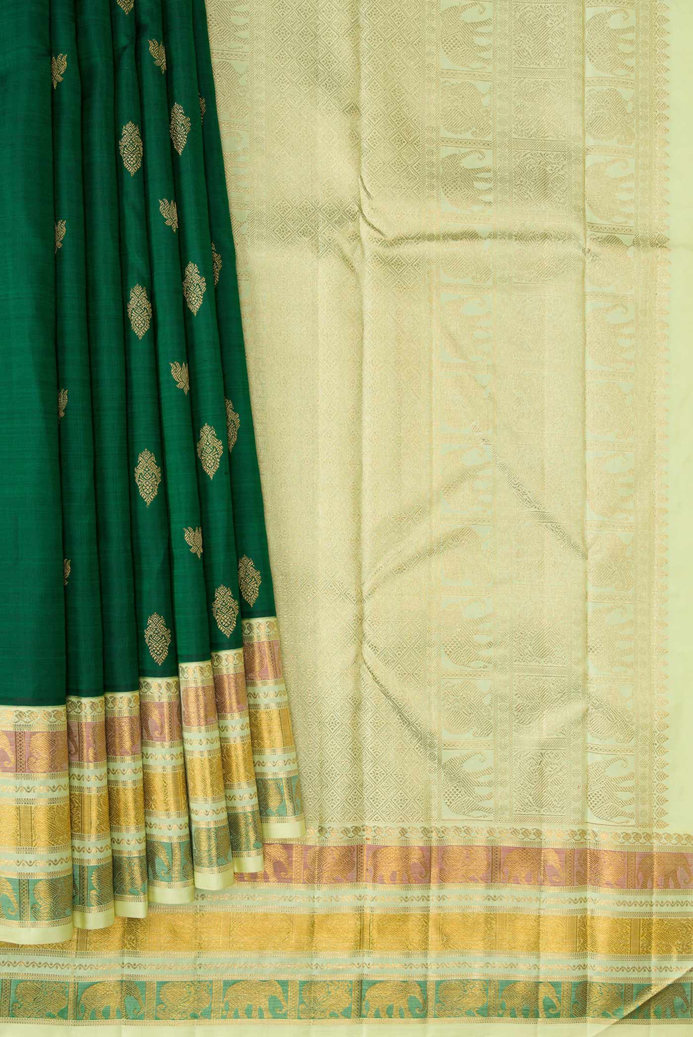 Pure Silk Pure Zari Bottle Green Dual Tone Kanchipuram Saree - Image 4