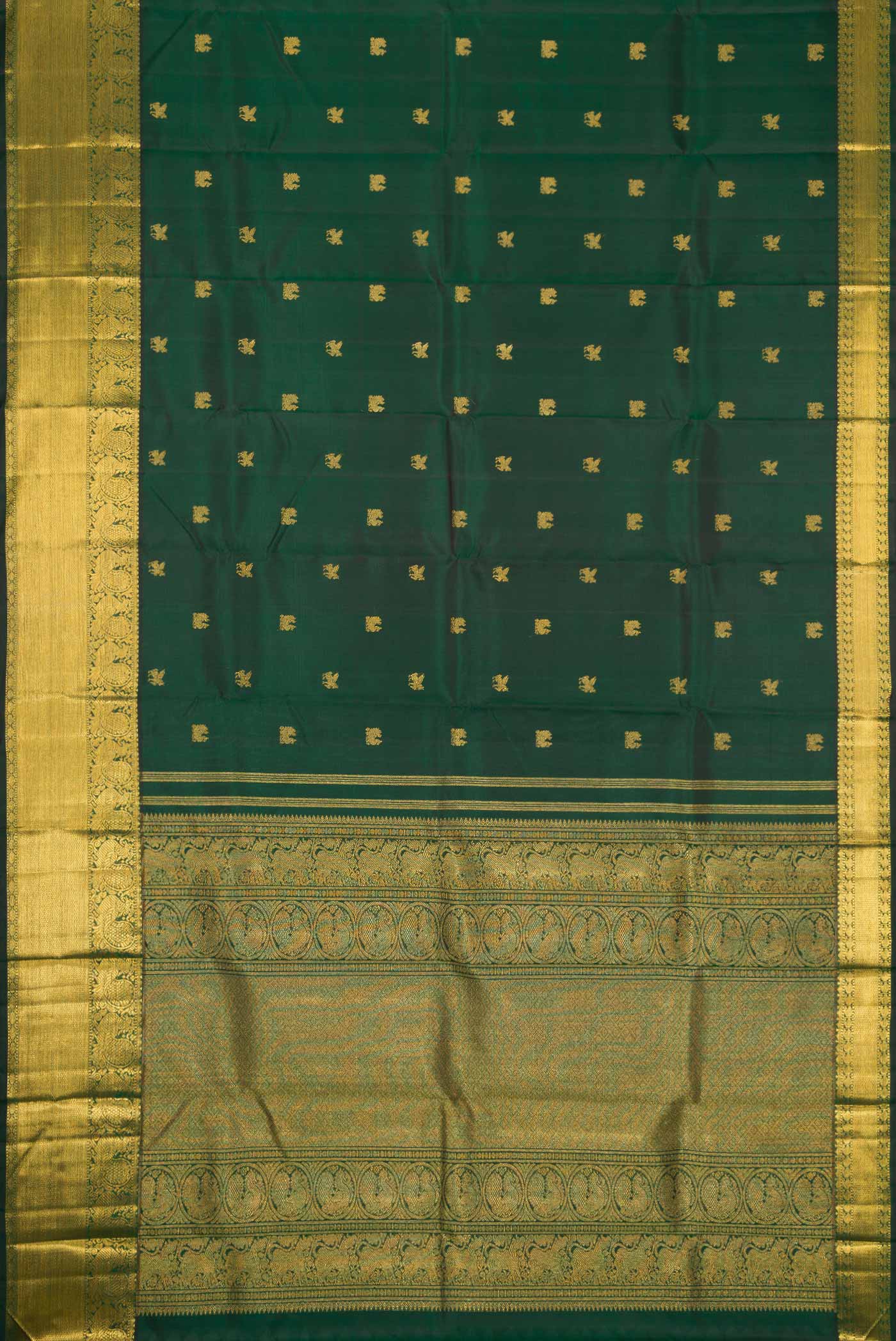 Pure Silk Pure Zari Bottle Green Dual Tone Kanjivaram Saree - Image 6