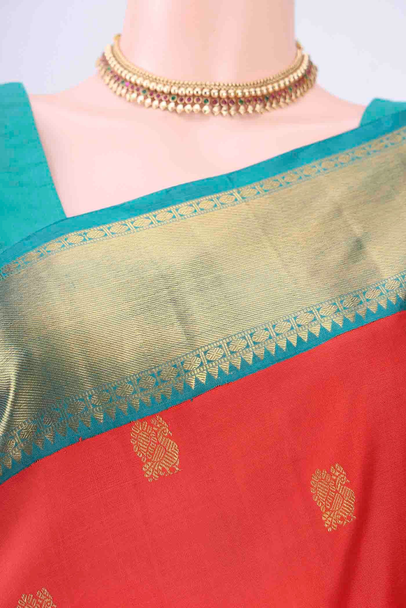 Pure Silk Pure Zari Brick Orange Kanjivaram Saree - Image 2