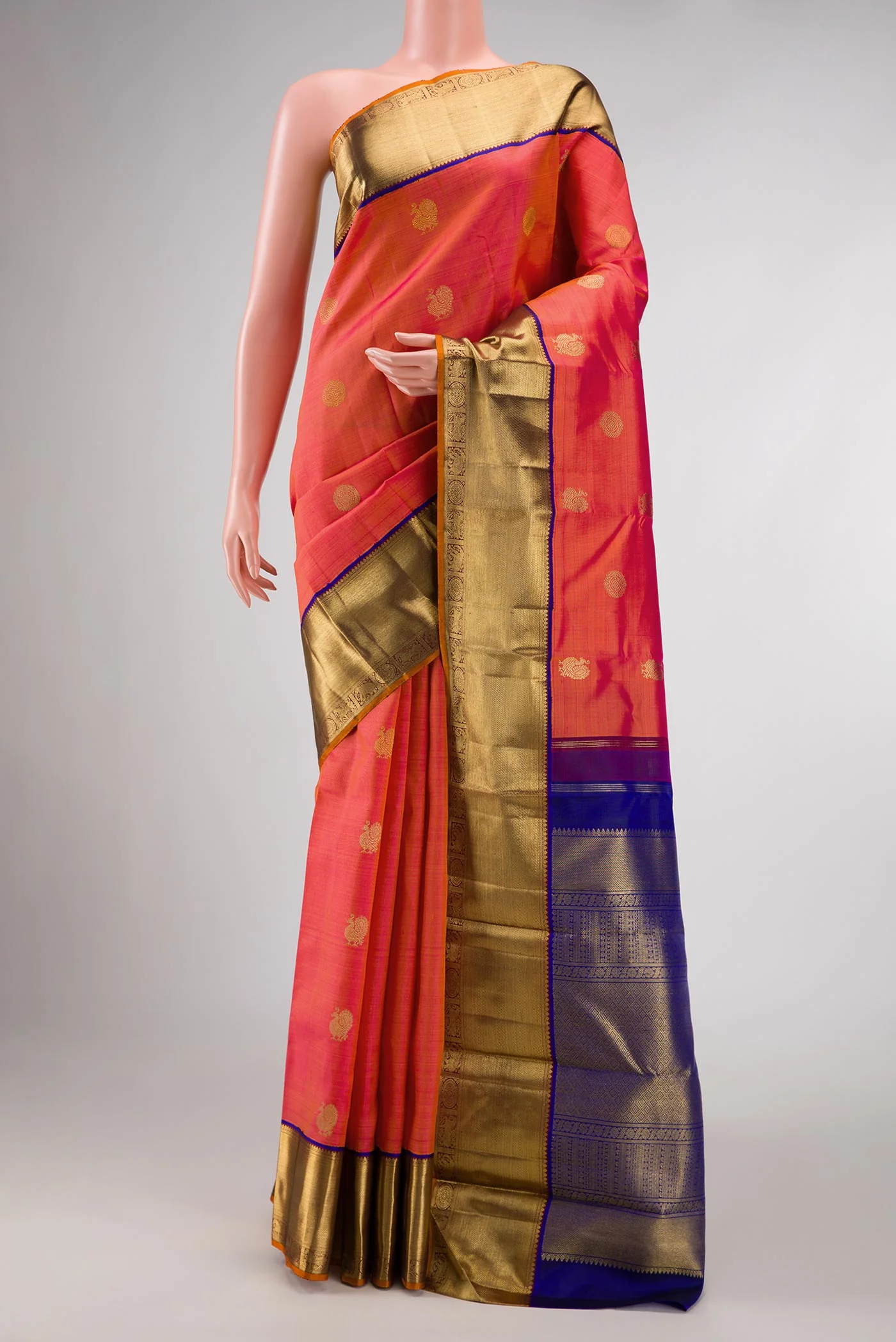 Pure Silk Pure Zari Coral Dual Tone Kanjivaram Saree