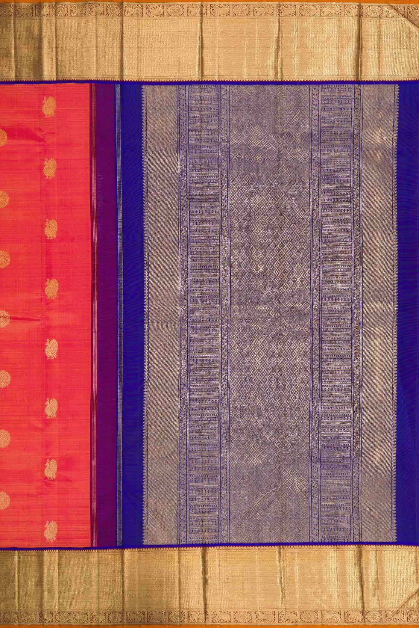 Pure Silk Pure Zari Coral Dual Tone Kanjivaram Saree - Image 7