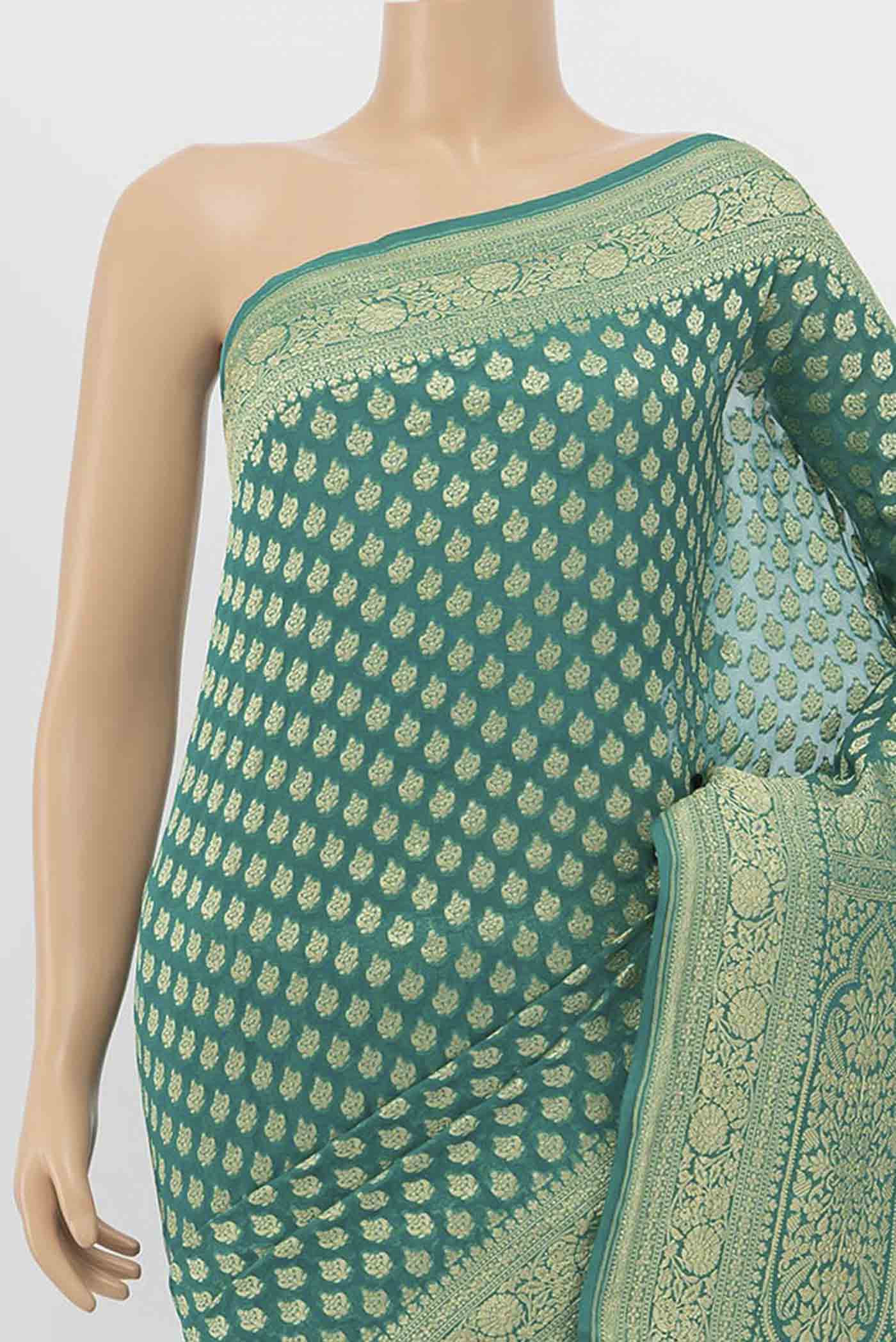 Pure Silk Pure Zari Green Banarasi Georgette Saree - Image 2