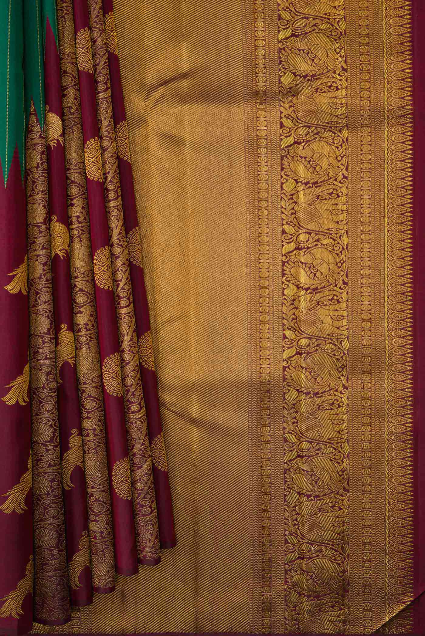 Pure Silk Pure Zari Green Dual Tone Kanchipuram Saree - Image 4