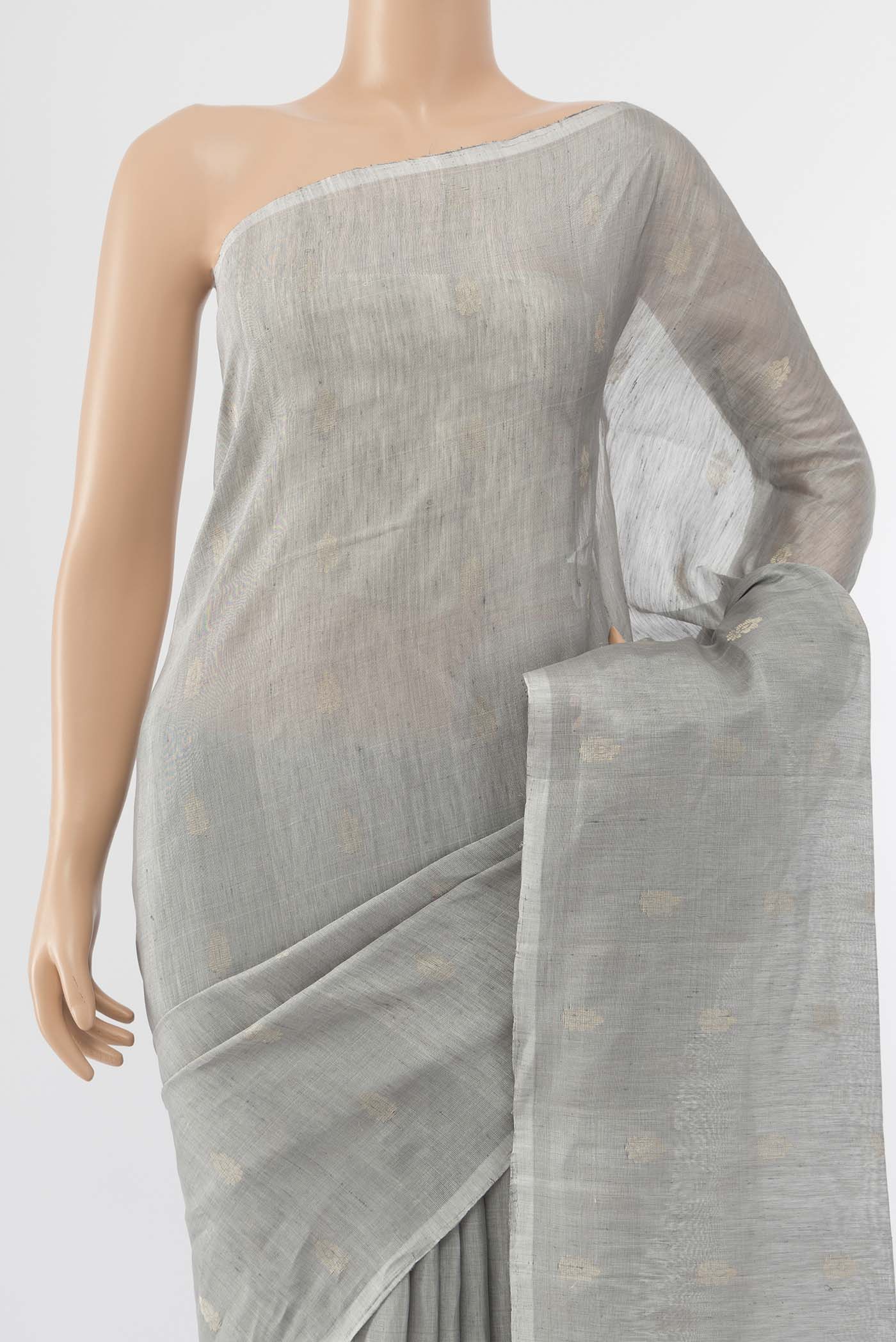 Pure Silk Pure Zari Grey Soft Saree - Image 2