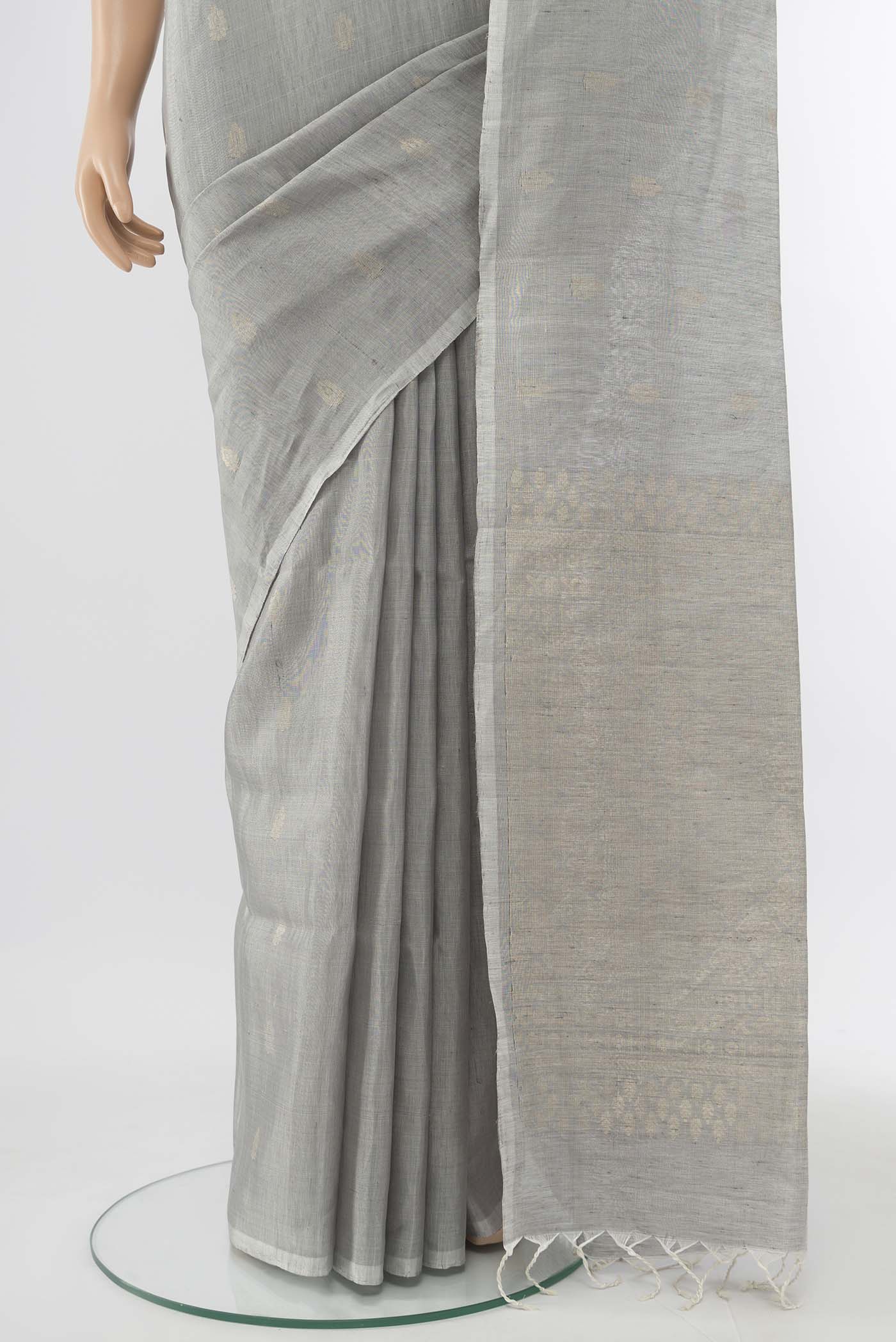 Pure Silk Pure Zari Grey Soft Saree - Image 3