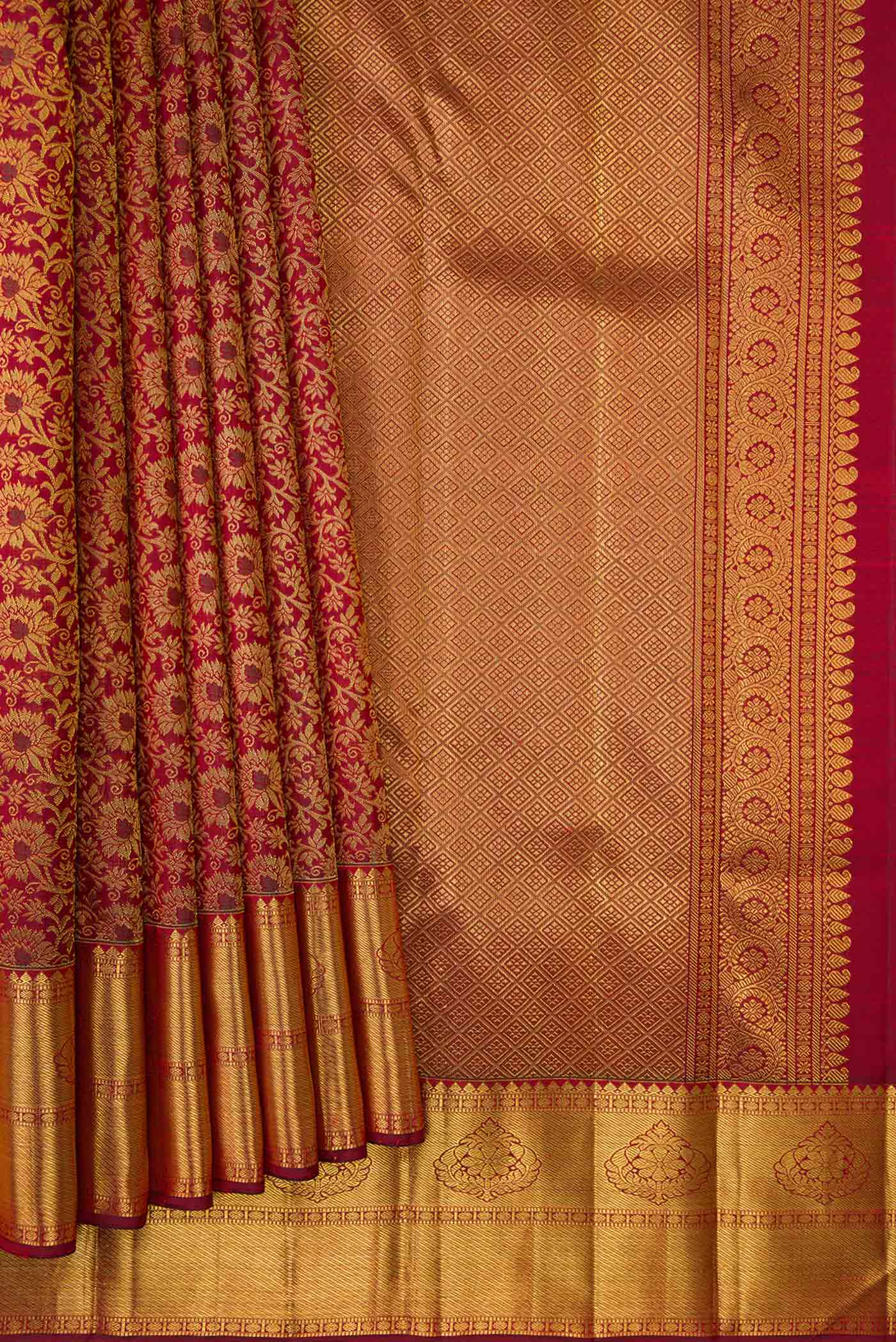 Pure Silk Pure Zari Maroon Dual Tone Kanjivaram Saree - Image 4