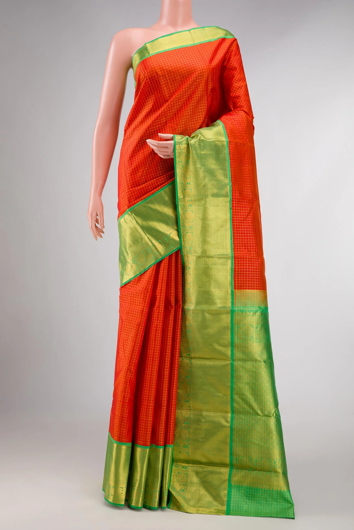 Pure Silk Pure Zari Orange Dual Tone Kanjivaram Saree
