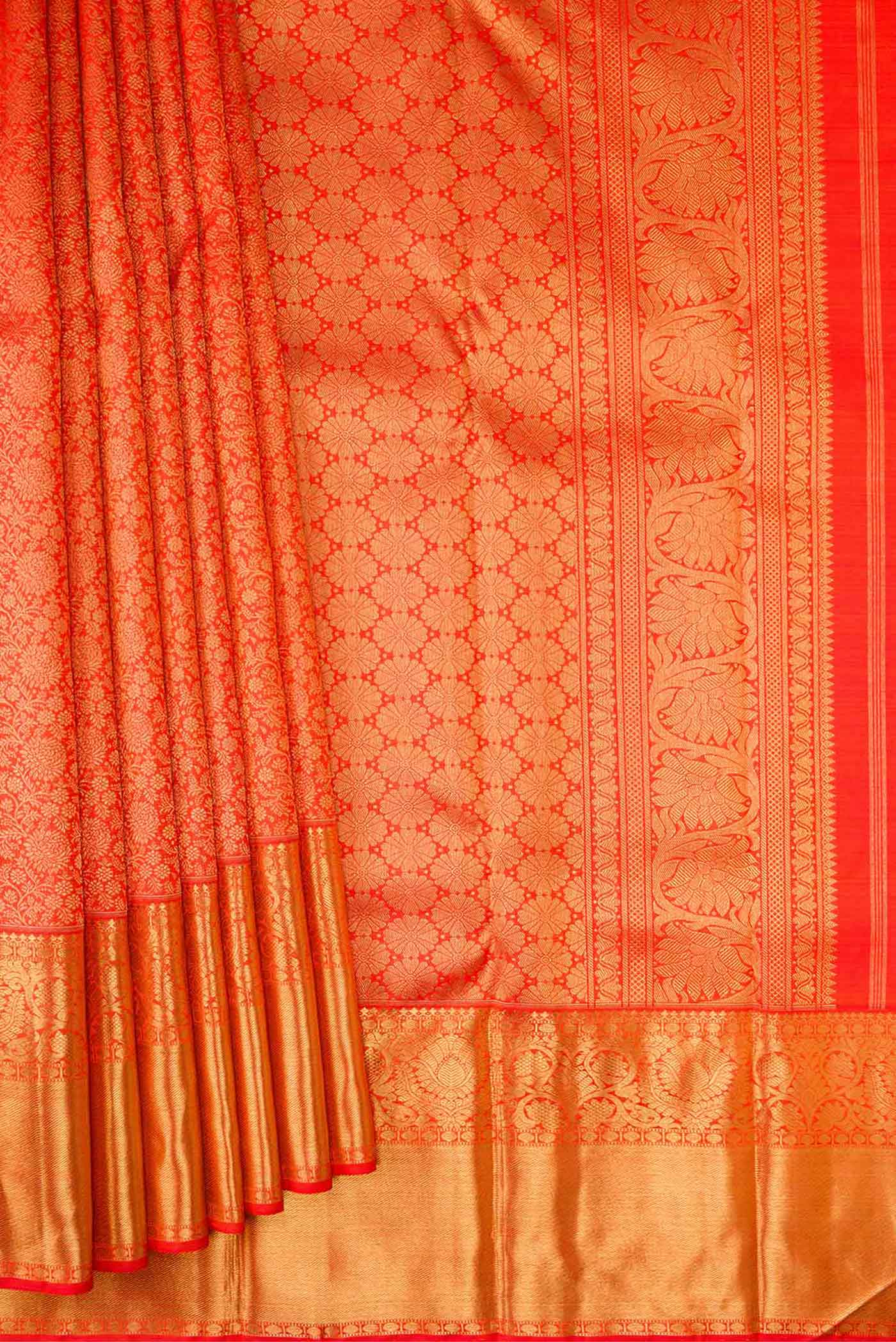 Pure Silk Pure Zari Orange Dual Tone Kanjivaram Saree - Image 4