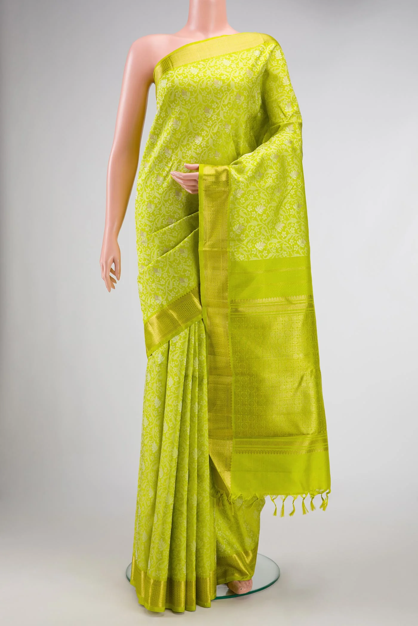 Pure Silk Pure Zari Parrot Green Kanchipuram Saree