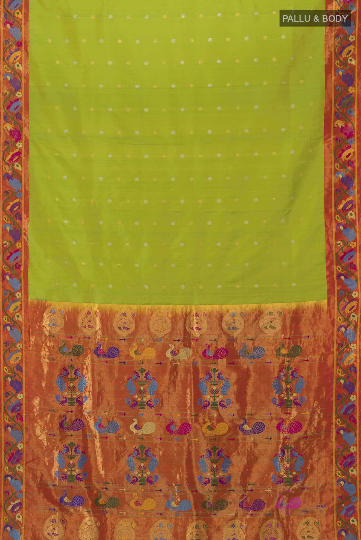 Pure Silk Pure Zari Parrot Green Gadwal Saree - Image 5