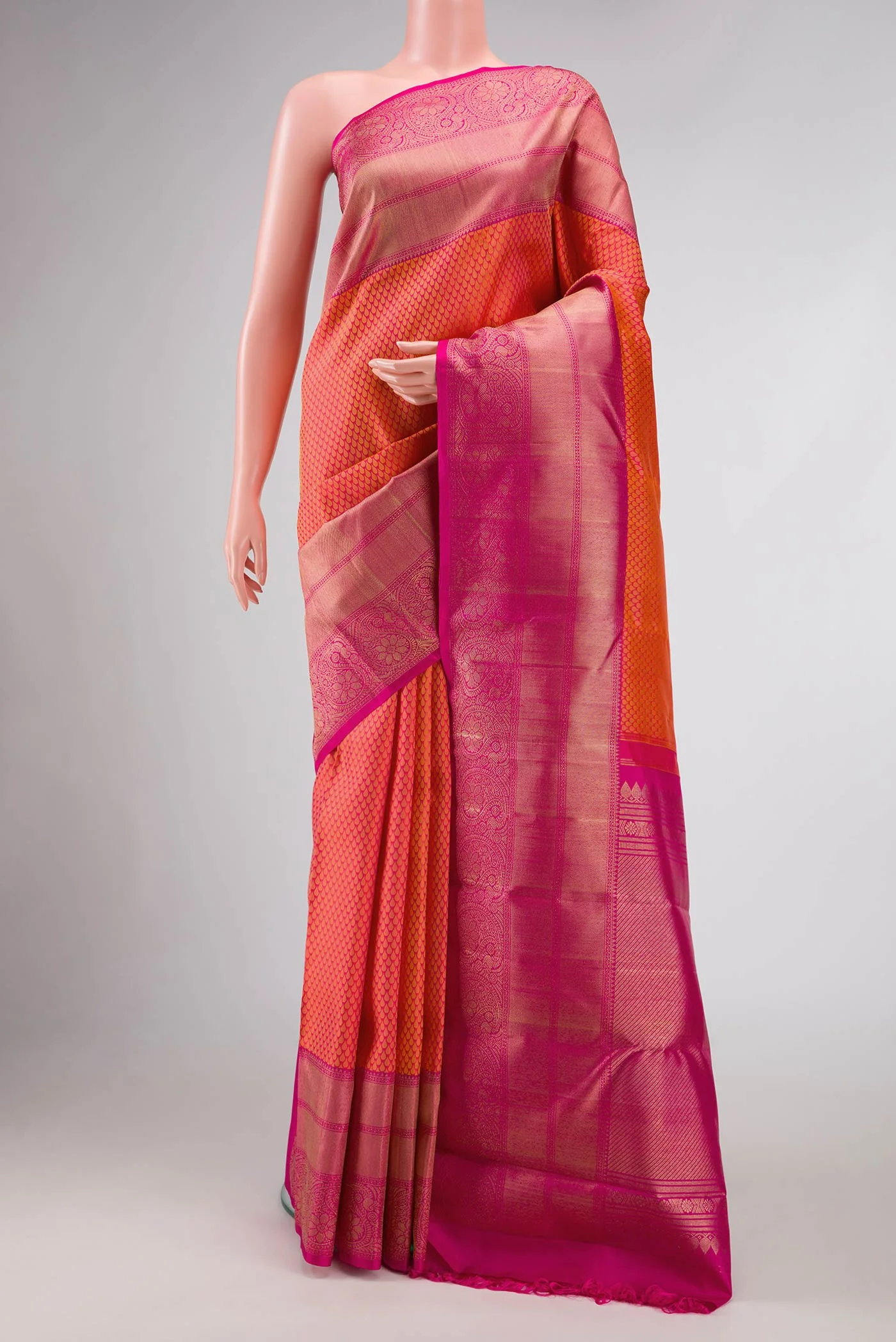 Pure Silk Pure Zari Orange with Pink Color Kanjivaram Saree