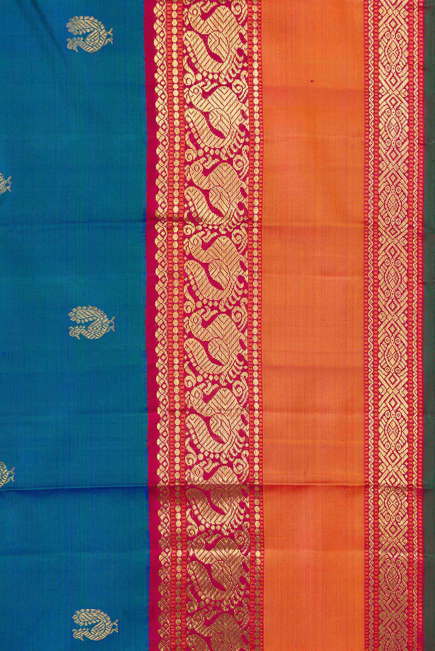 Pure Silk Pure Zari Peacock Blue Dual Tone Kanjivaram Saree - Image 3