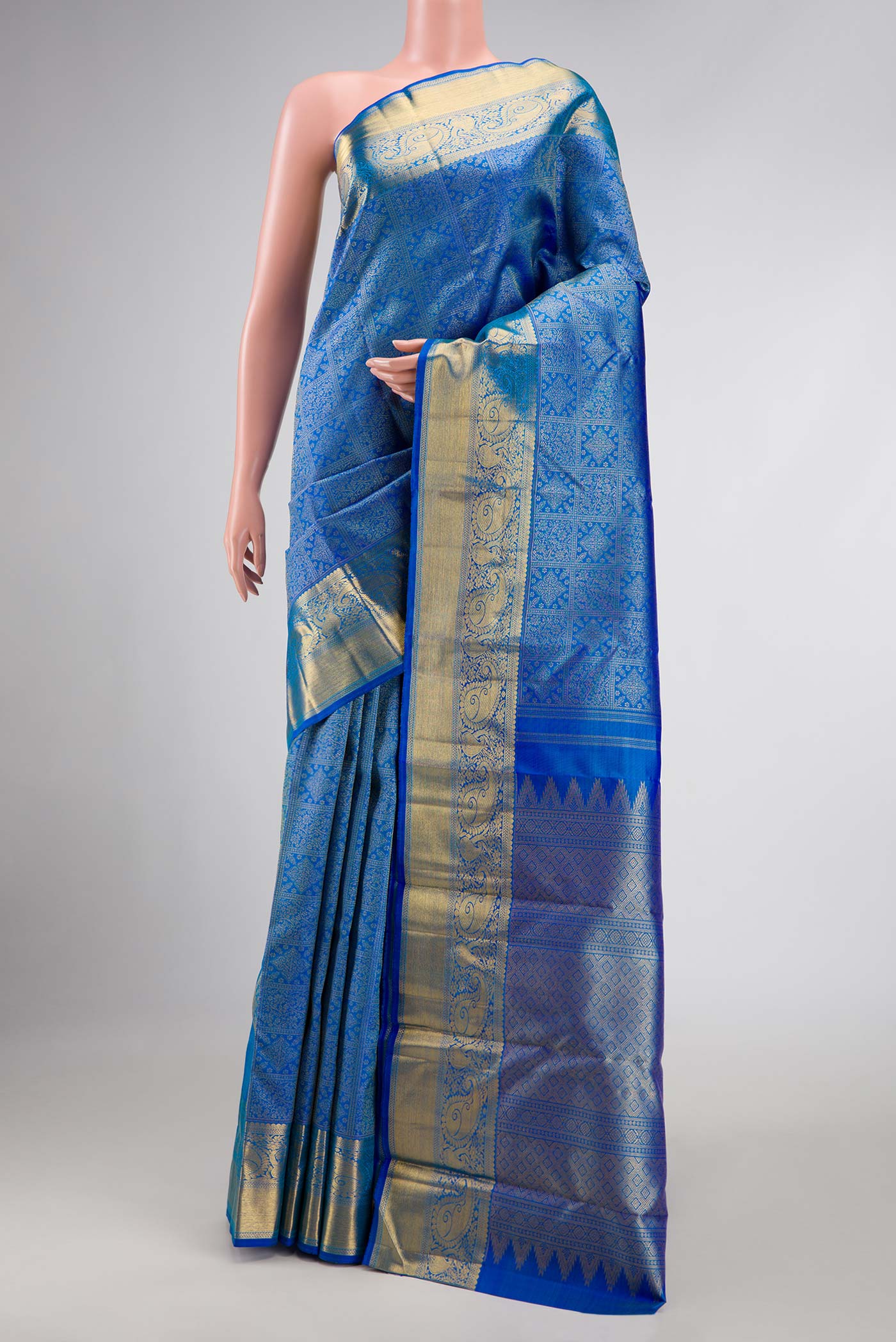 Pure Silk Pure Zari Peacock Blue Dual Tone Kanjivaram Saree