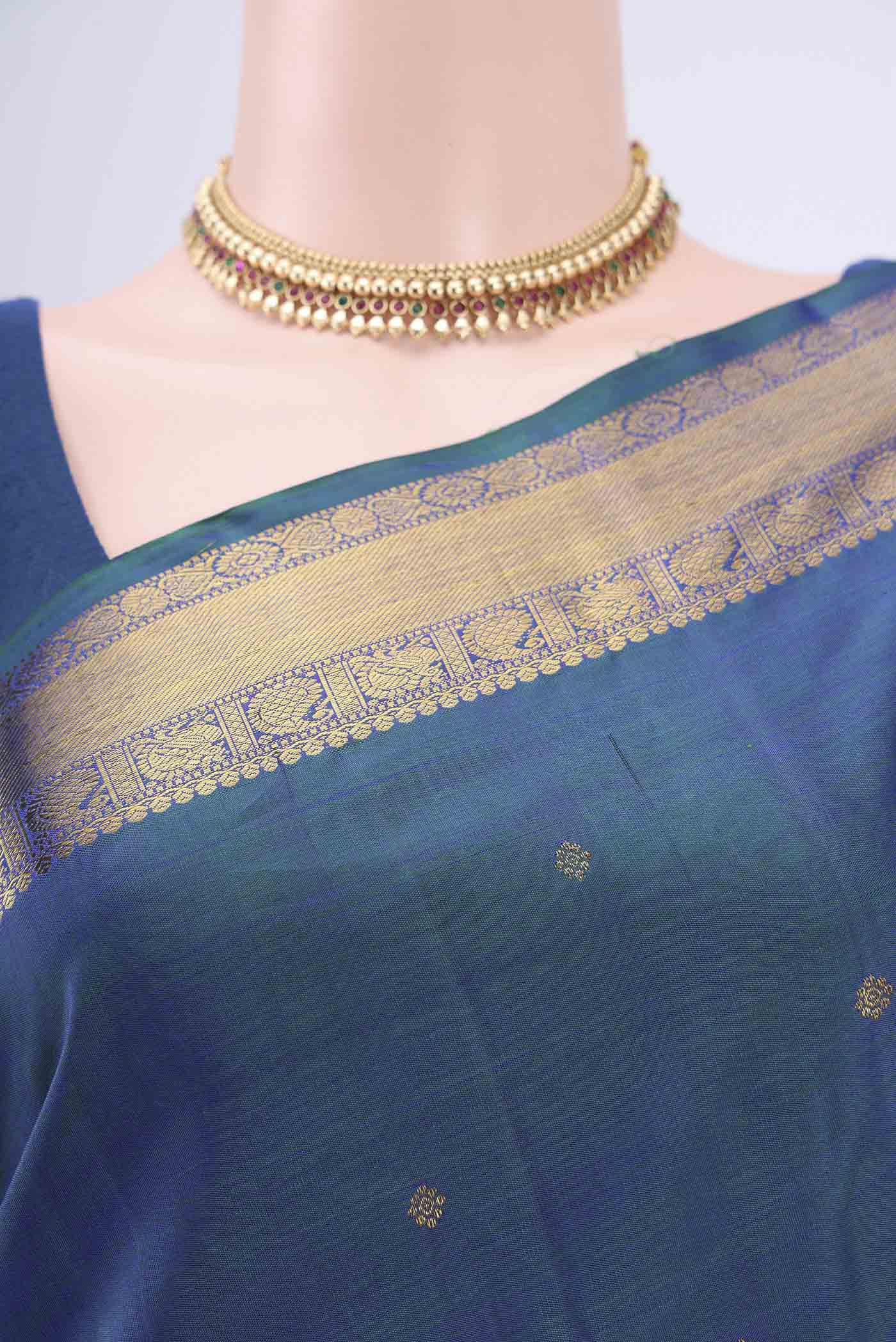 Pure Silk Pure Zari Peacock Blue Dual Tone Kanchipuram Saree - Image 2