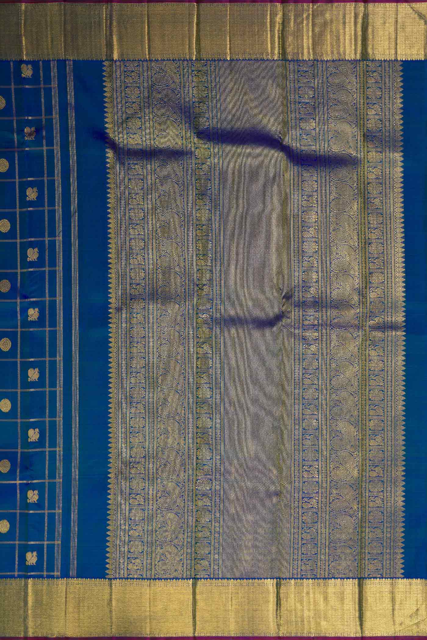 Pure Silk Pure Zari Peacock Blue Dual Tone Kanjivaram Saree - Image 7