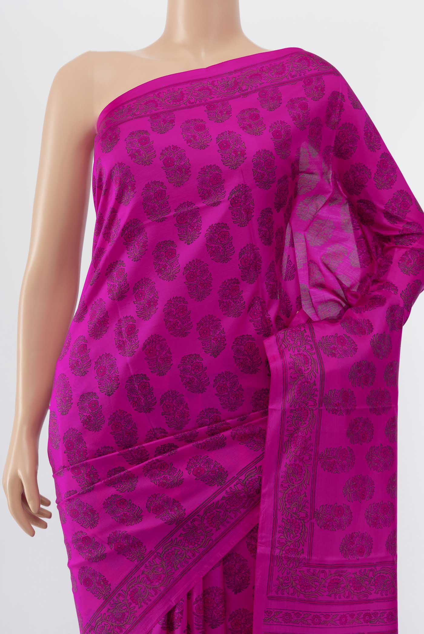 Pure Silk Pure Zari Rani Pink Printed Saree - Image 2