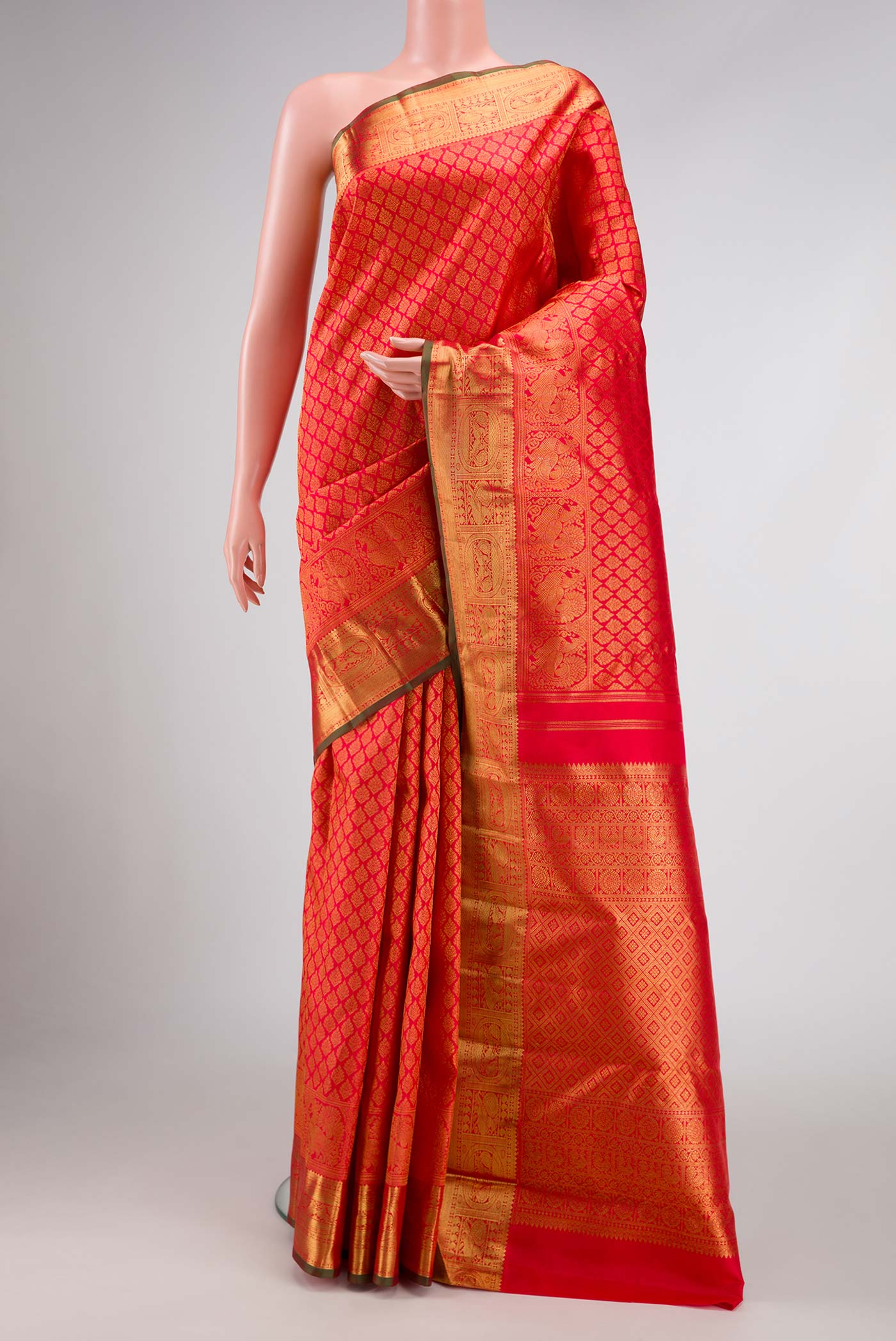 Pure Silk Pure Zari Pink with Red Color Kanjivaram Saree